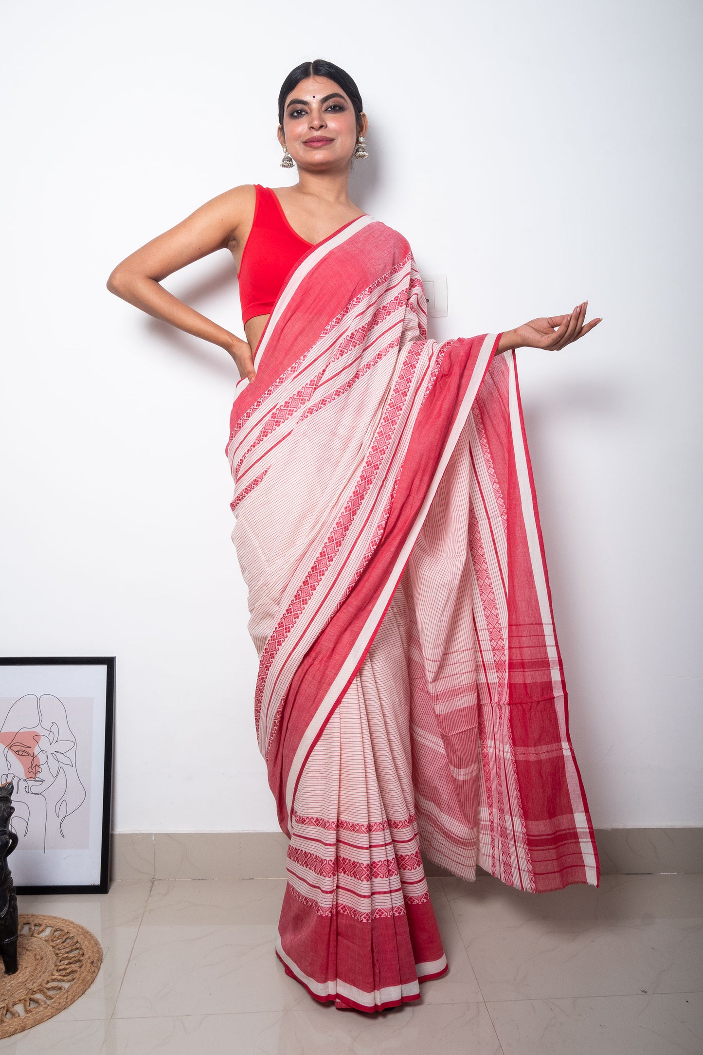Lal Paar Stripe Cotton Saree with Woven Borders