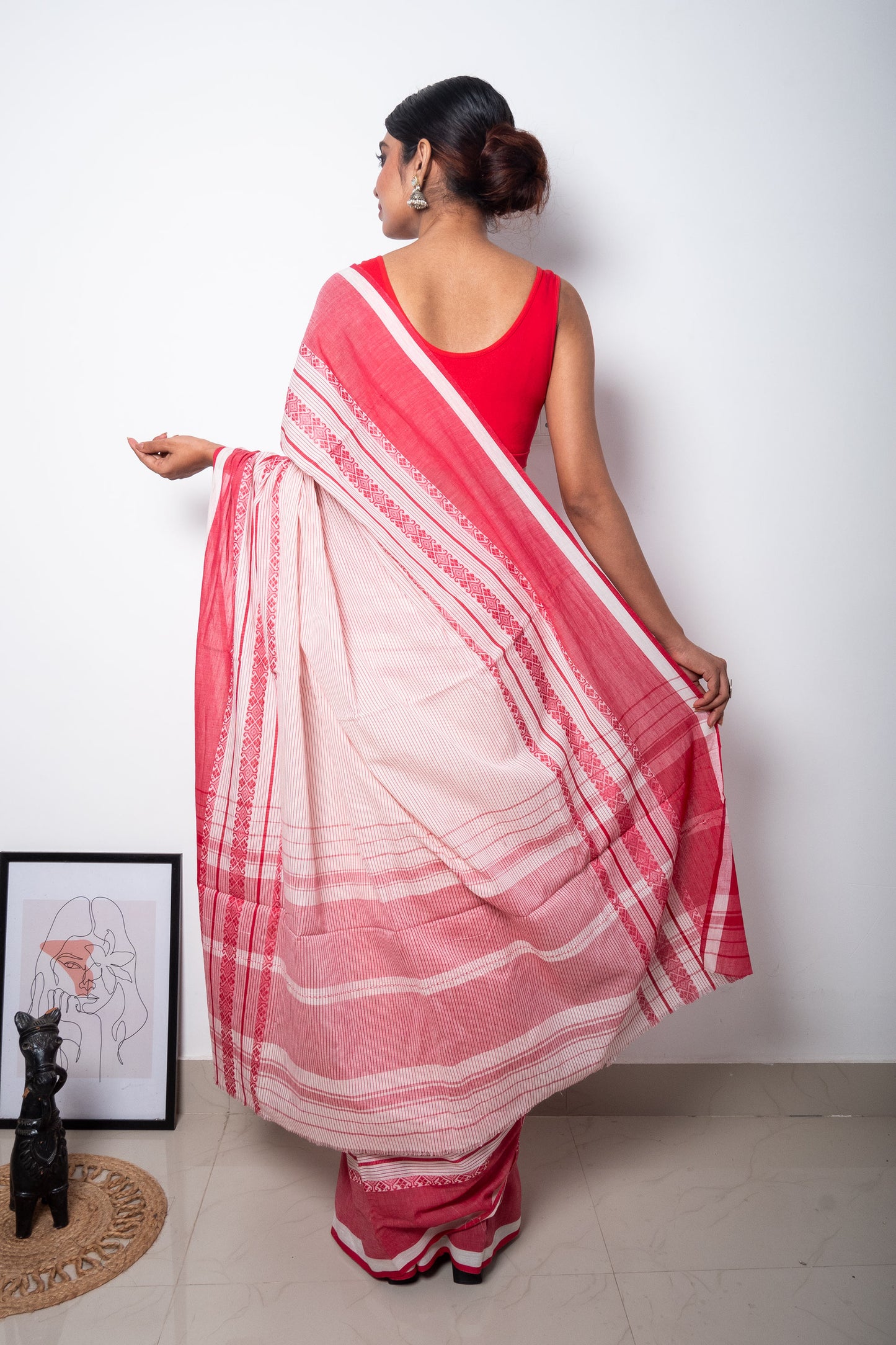 Lal Paar Stripe Cotton Saree with Woven Borders