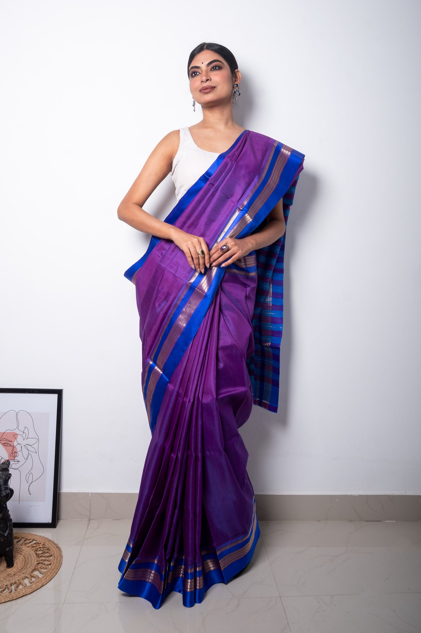 Bluish Purple Murshidabad Silk Saree with Golden Weaved Border