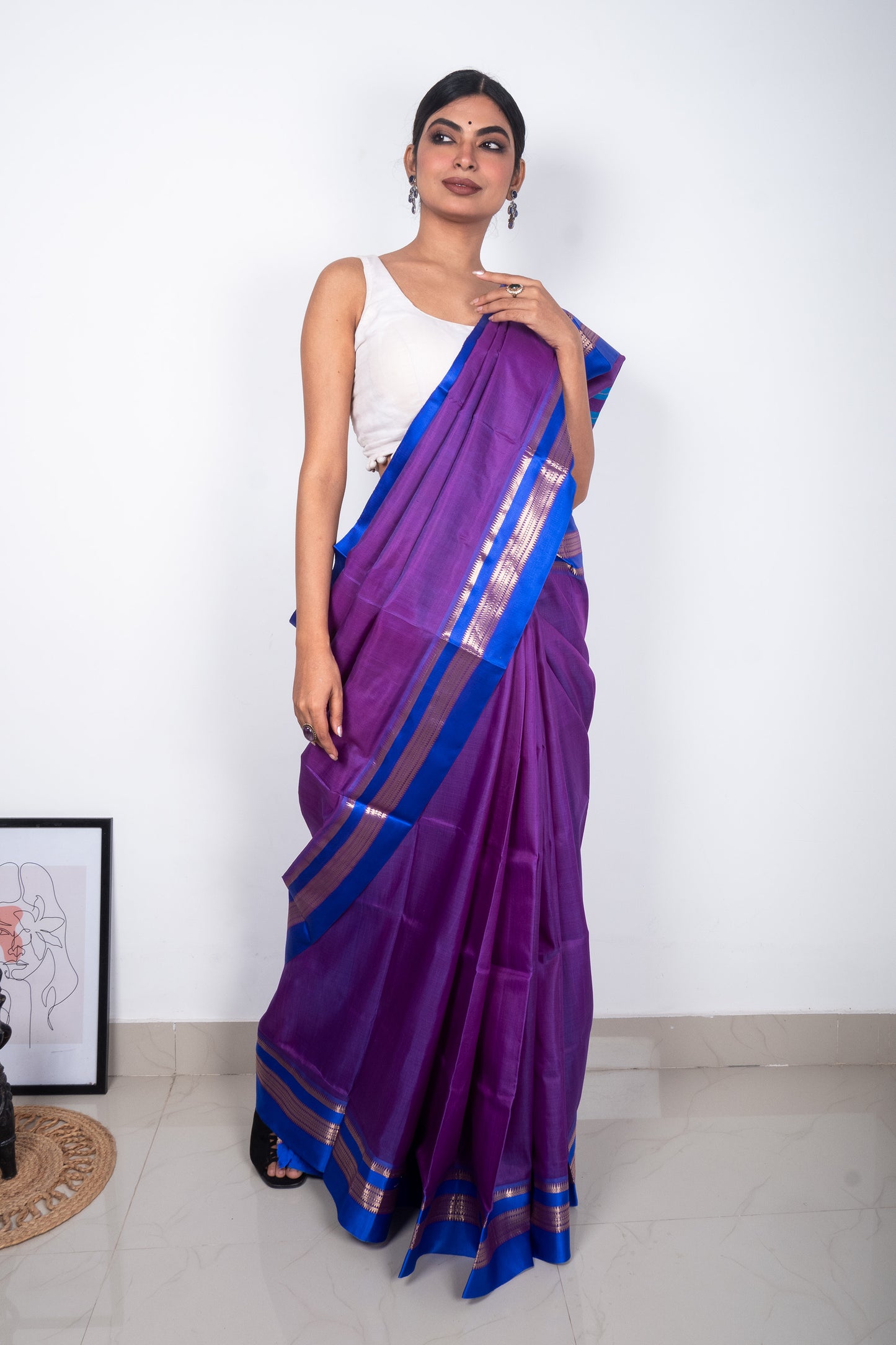 Bluish Purple Murshidabad Silk Saree with Golden Weaved Border