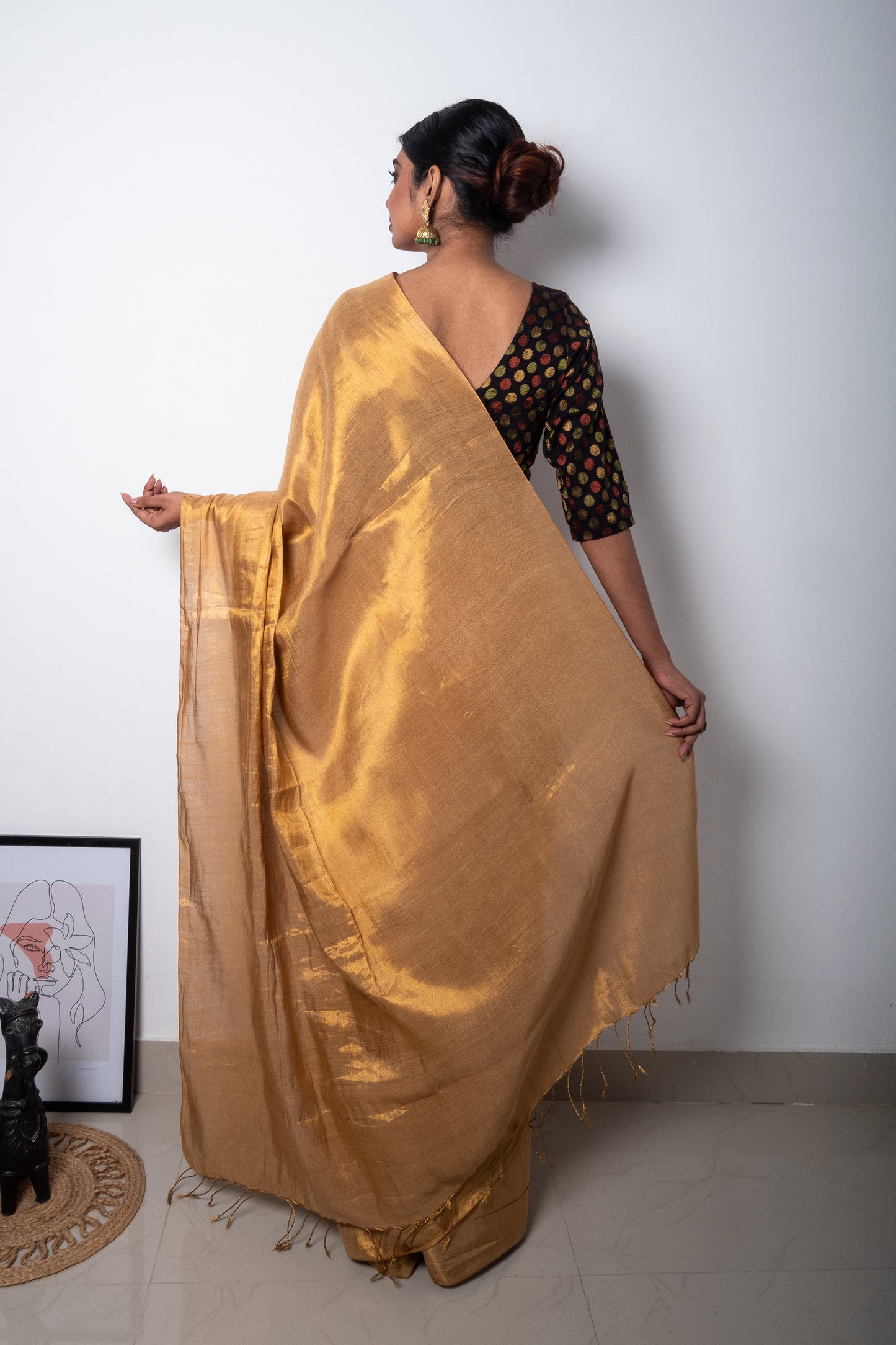 Beige Golden Cotton Tissue Saree