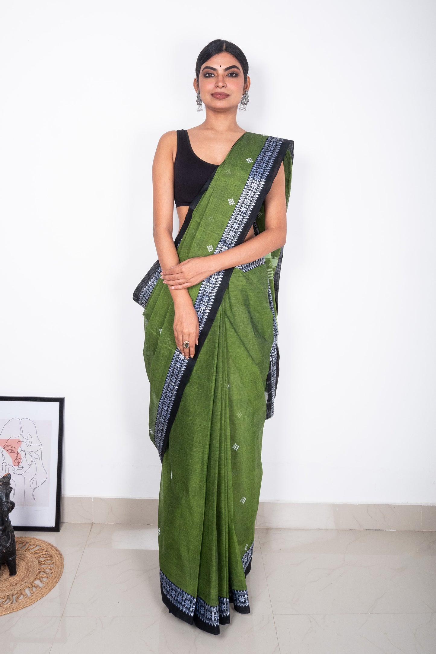 Green Cotton Saree with Black Woven Borders