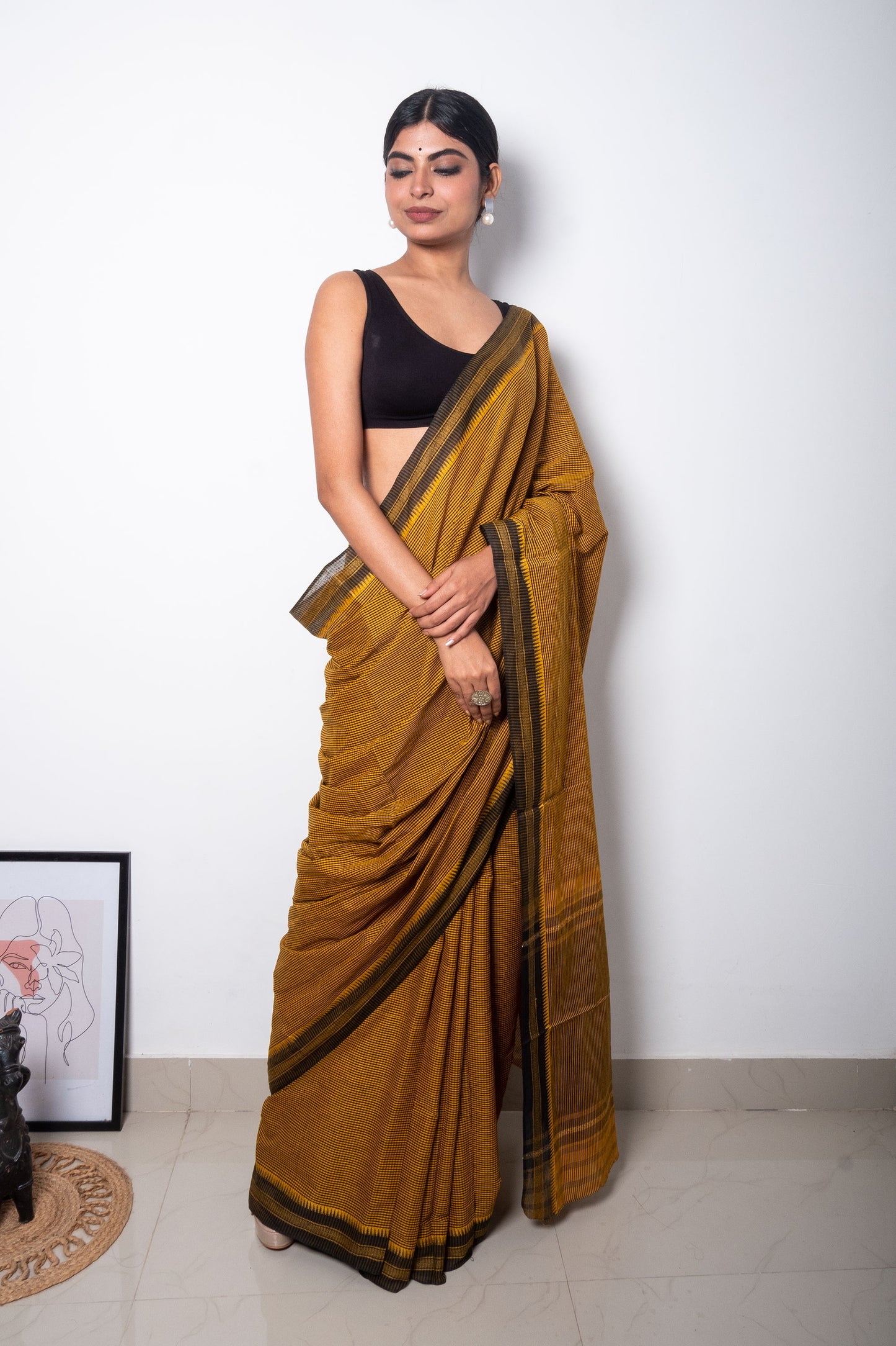 Yellow Black Cotton Small Check Dhaniakhali Saree with Thin Borders