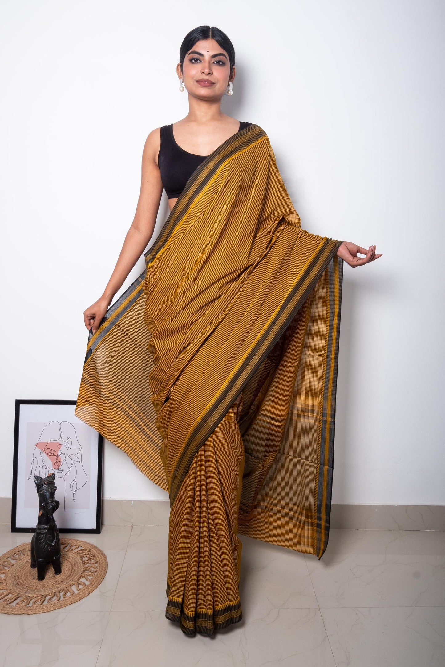 Yellow Black Cotton Small Check Dhaniakhali Saree with Thin Borders