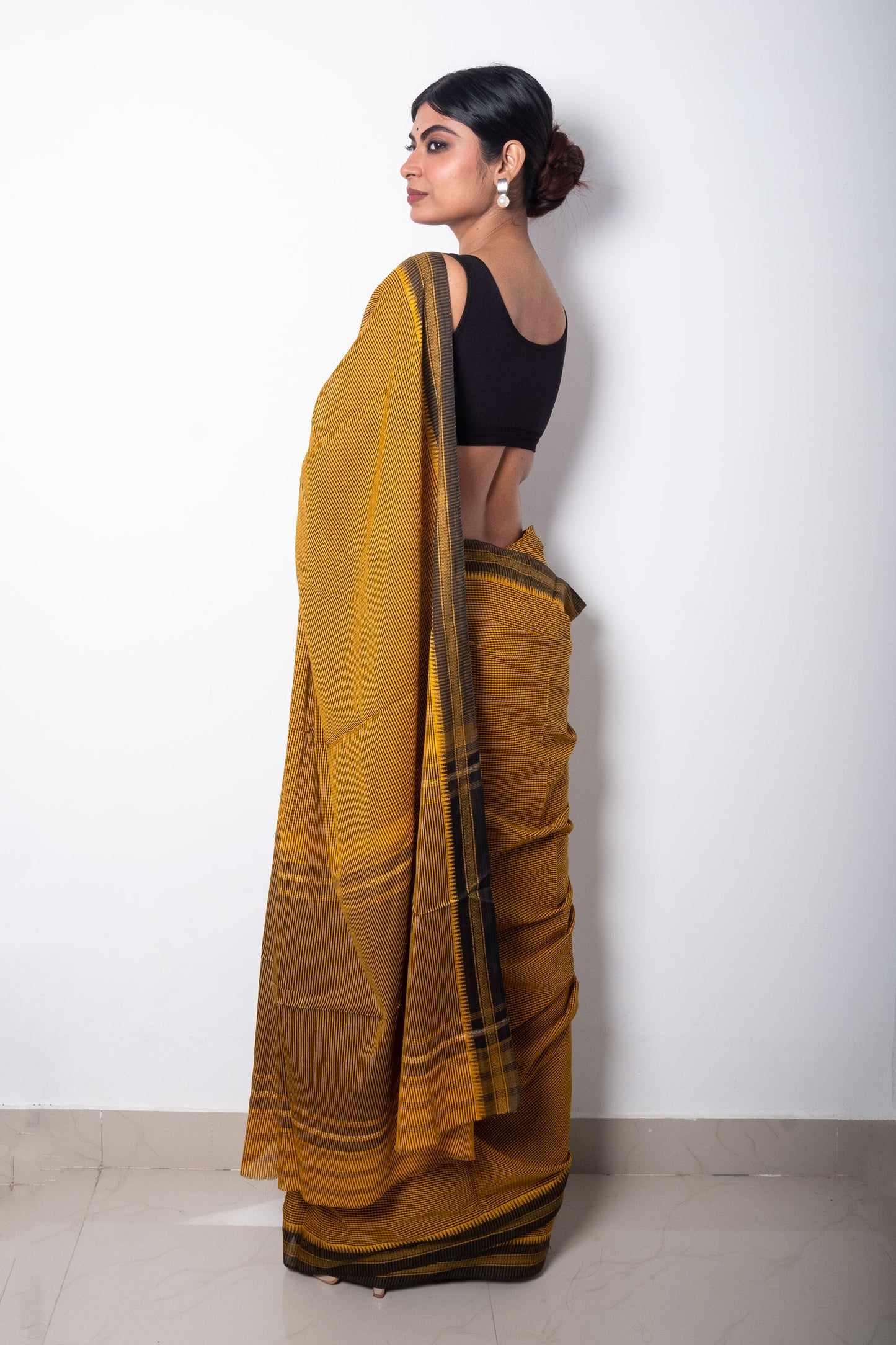 Yellow Black Cotton Small Check Dhaniakhali Saree with Thin Borders