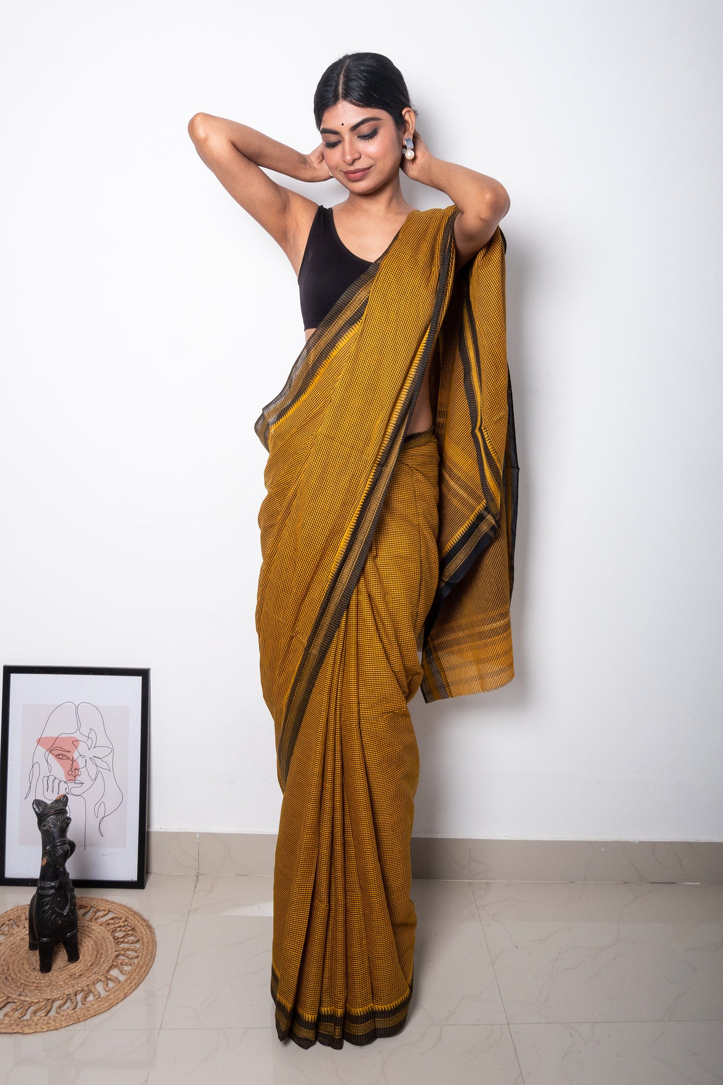 Yellow Black Cotton Small Check Dhaniakhali Saree with Thin Borders