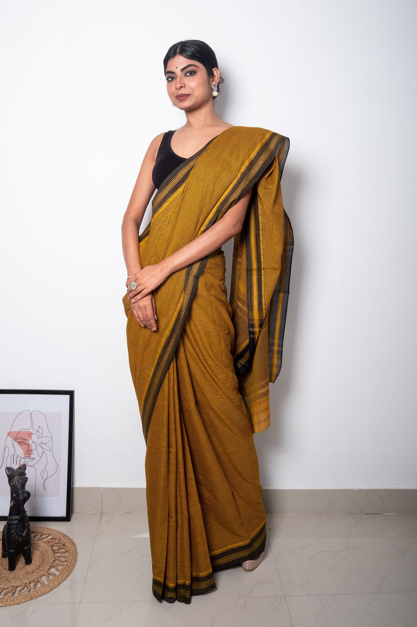 Yellow Black Cotton Small Check Dhaniakhali Saree with Thin Borders
