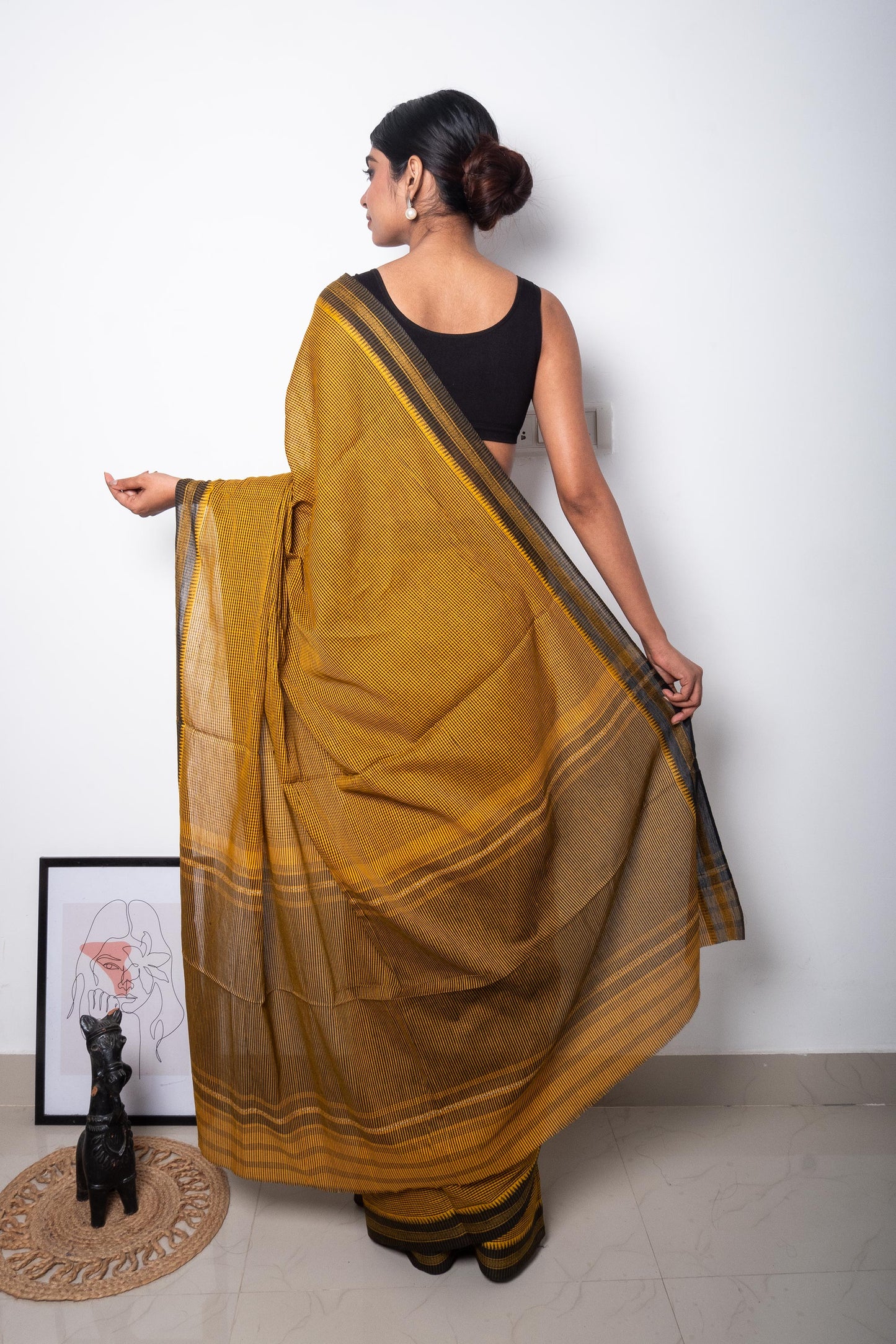 Yellow Black Cotton Small Check Dhaniakhali Saree with Thin Borders