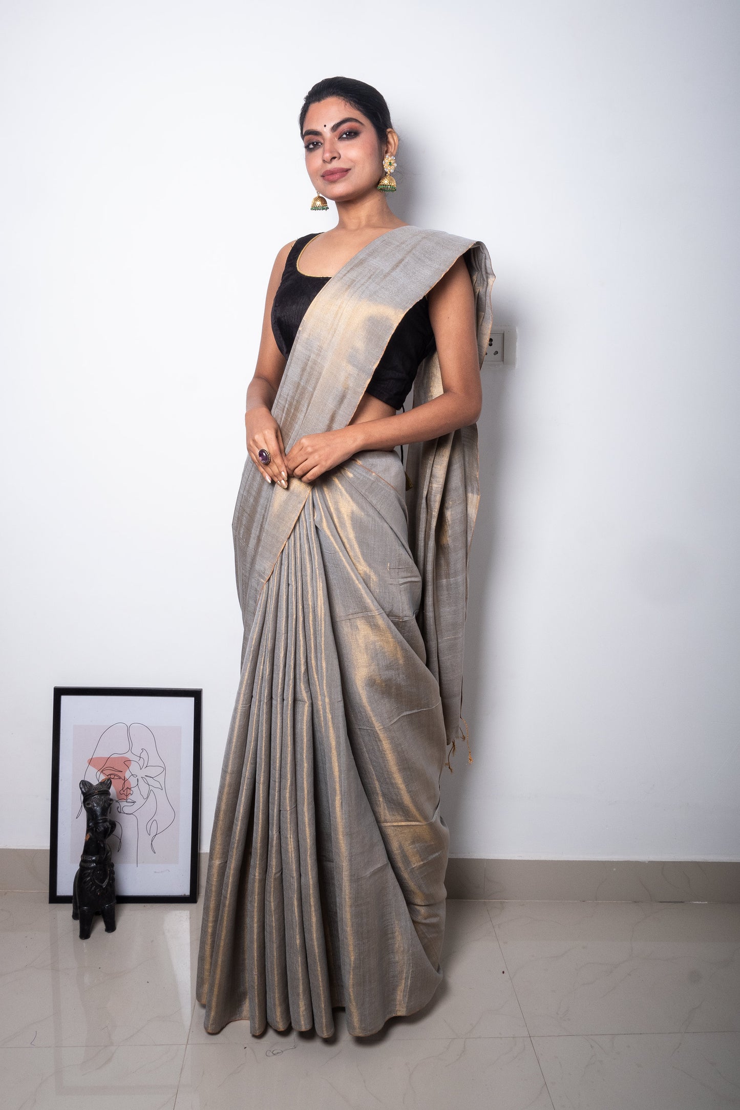 Antique Champagne Cotton Tissue Saree
