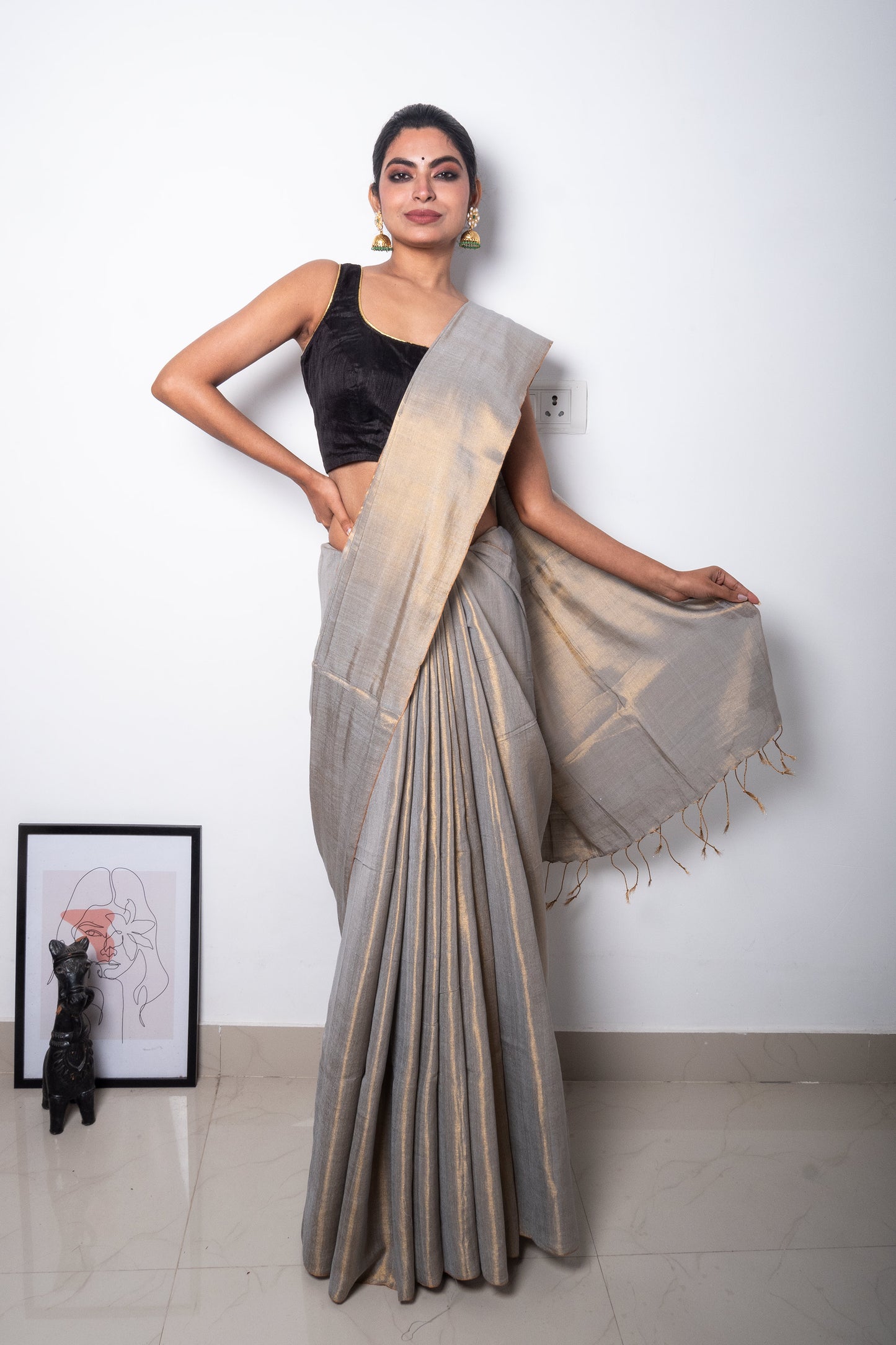 Antique Champagne Cotton Tissue Saree