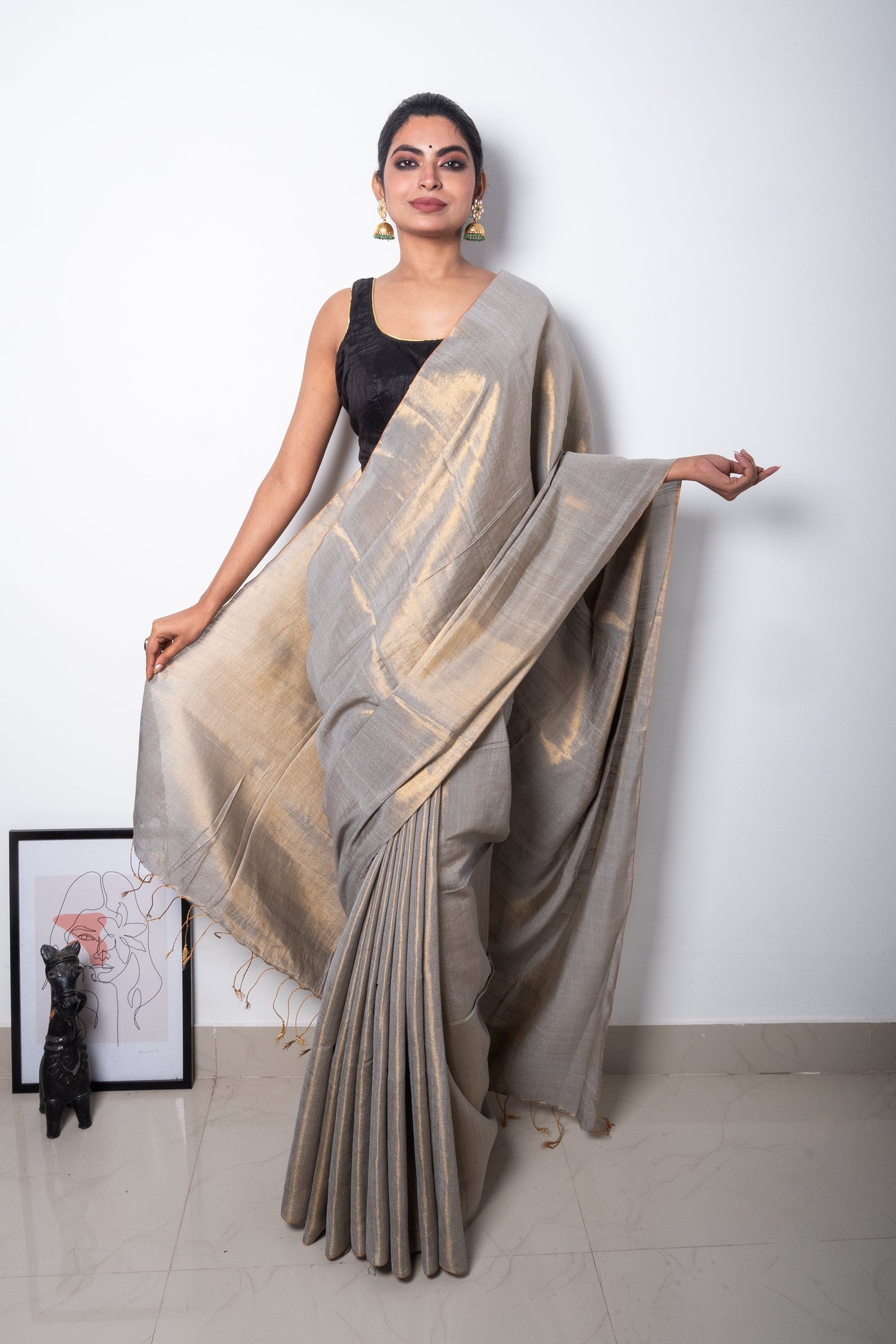 Antique Champagne Cotton Tissue Saree