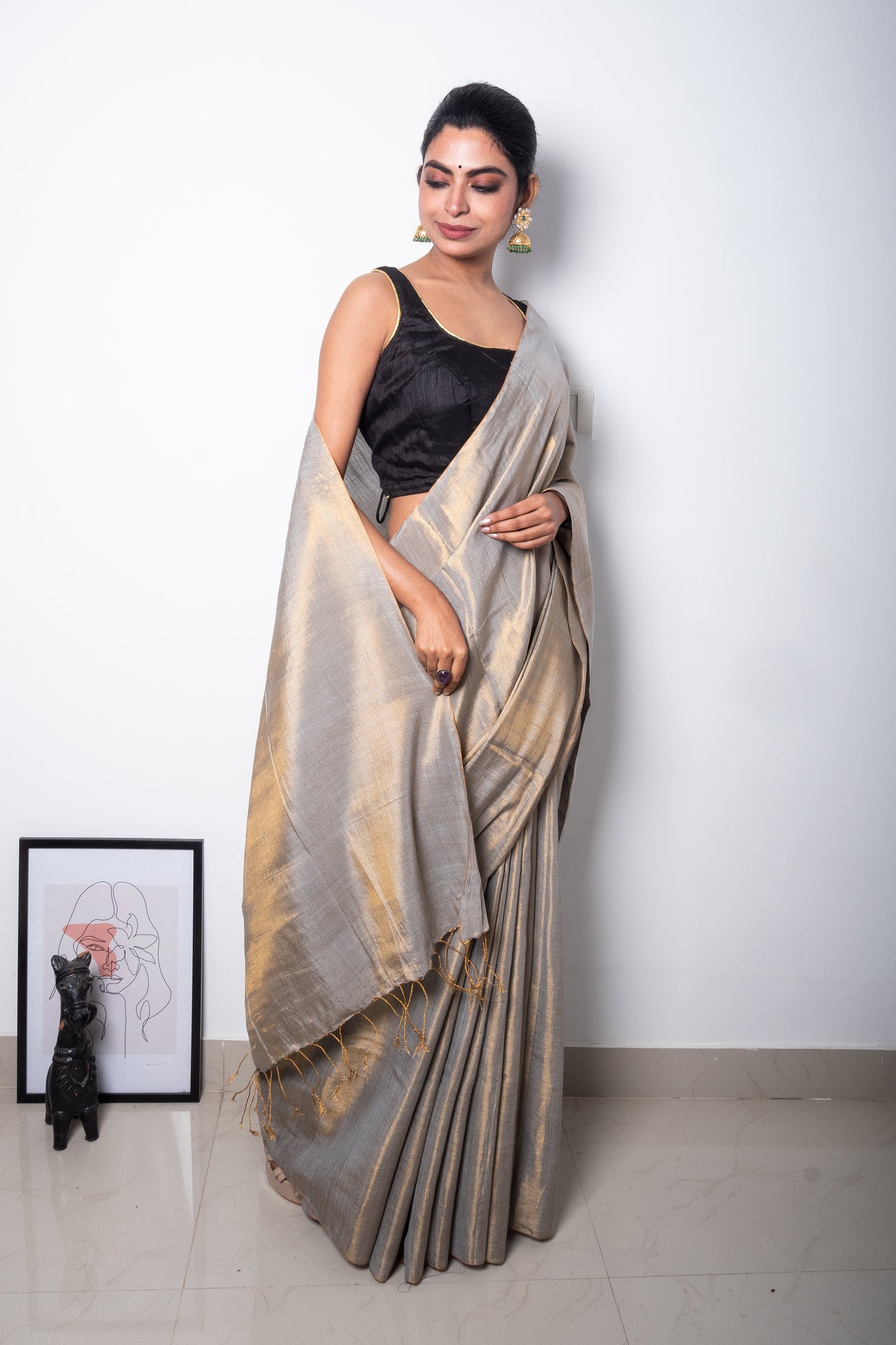 Antique Champagne Cotton Tissue Saree