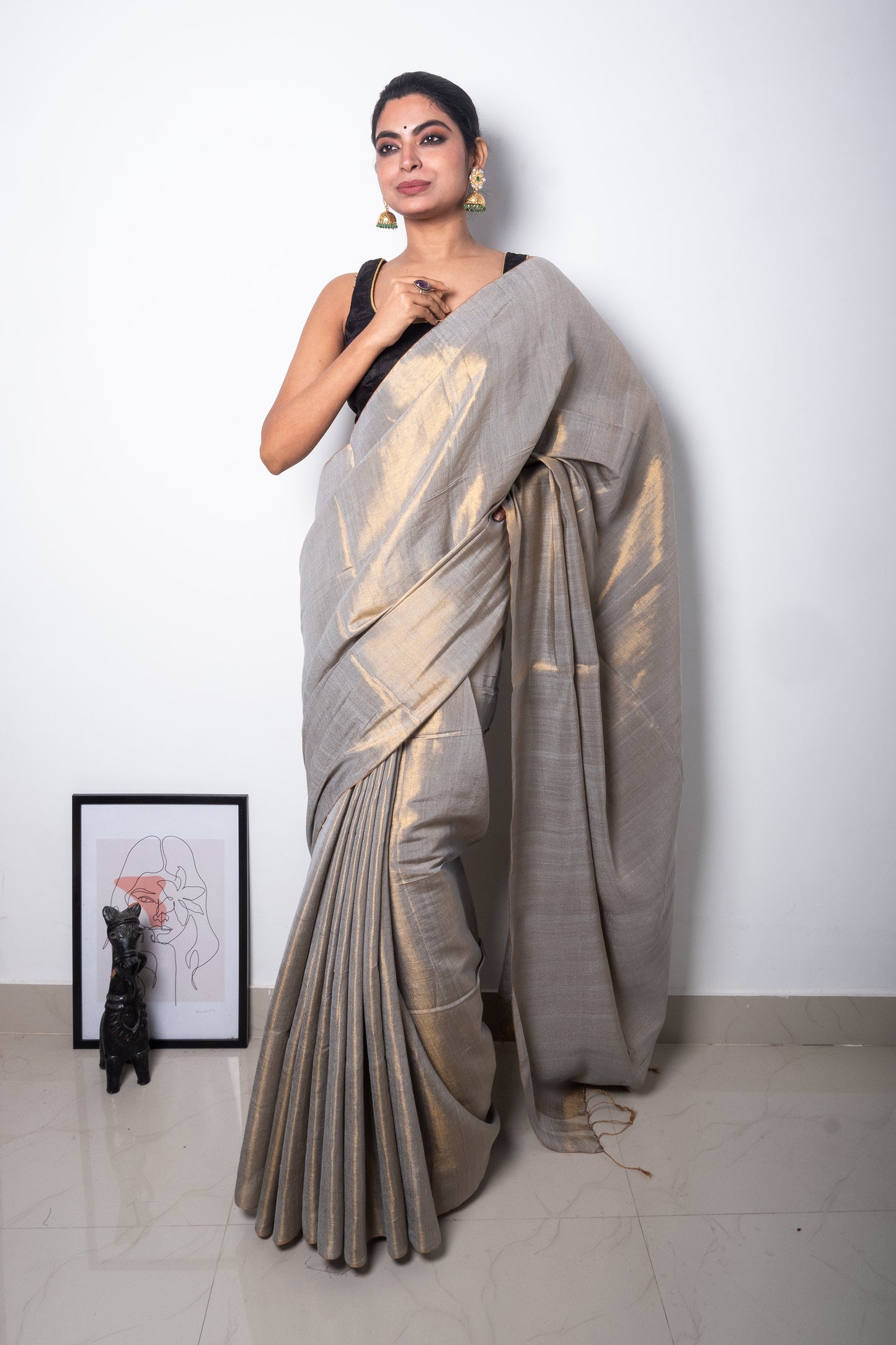 Antique Champagne Cotton Tissue Saree