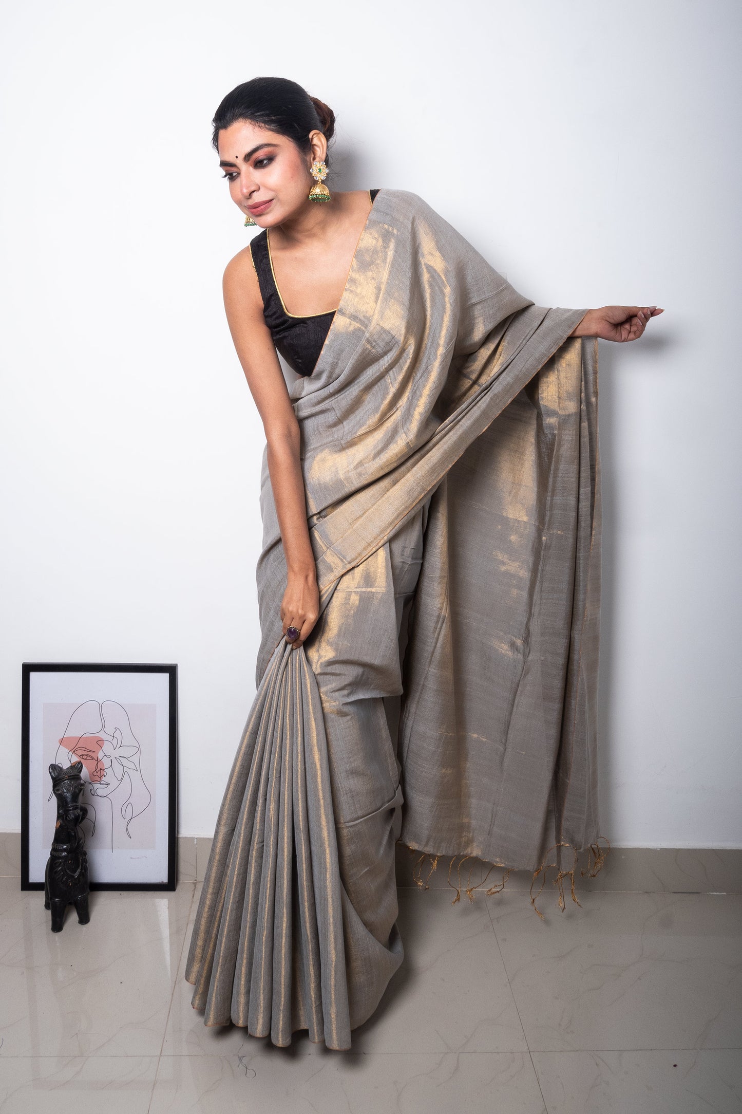 Antique Champagne Cotton Tissue Saree