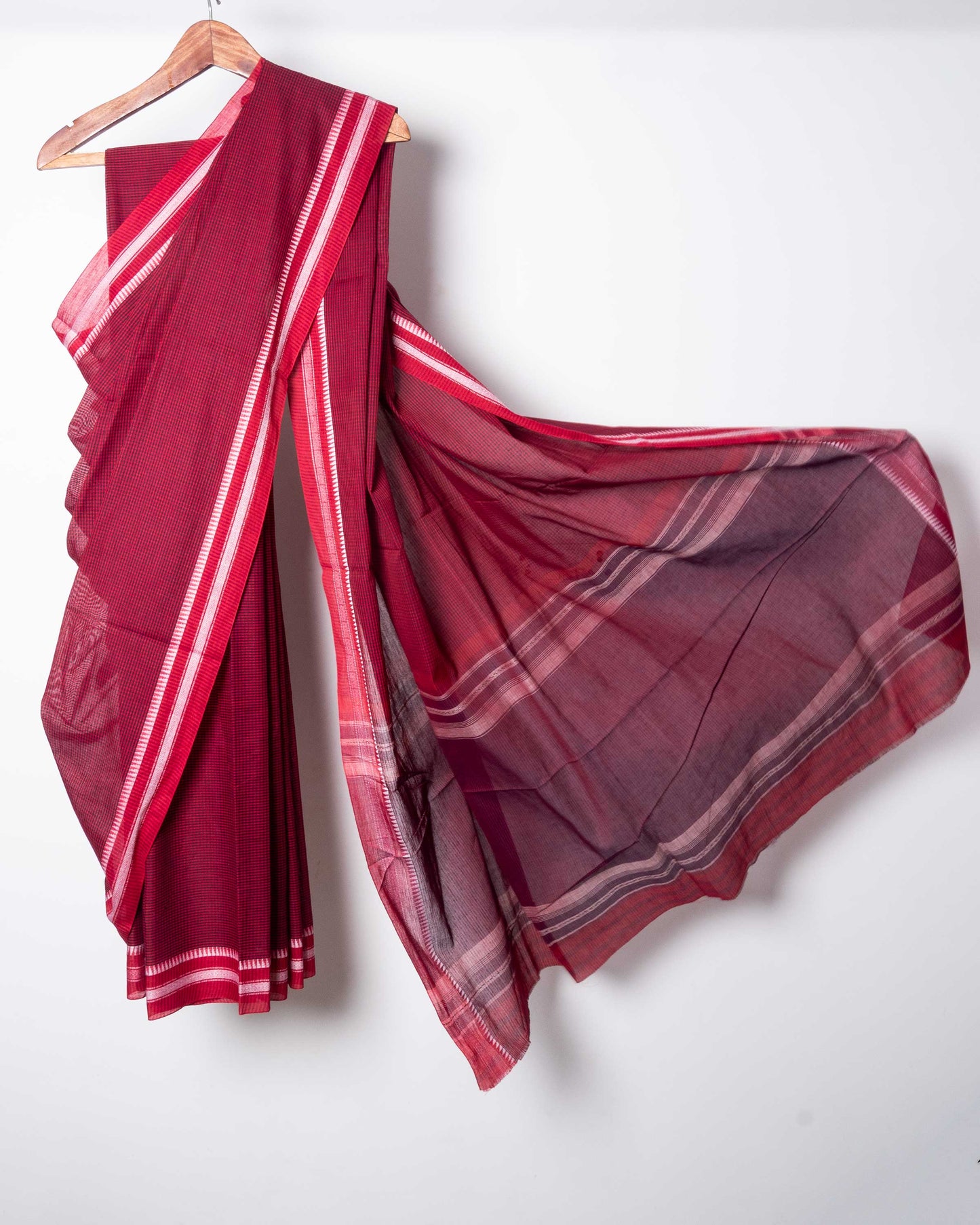 Red Black Cotton Small Check Dhaniakhali Saree with White Thin Borders