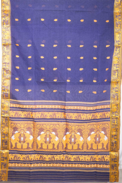 Indigo Blue Cotton Handloom Woven Baluchari Saree With Elephant Motifs