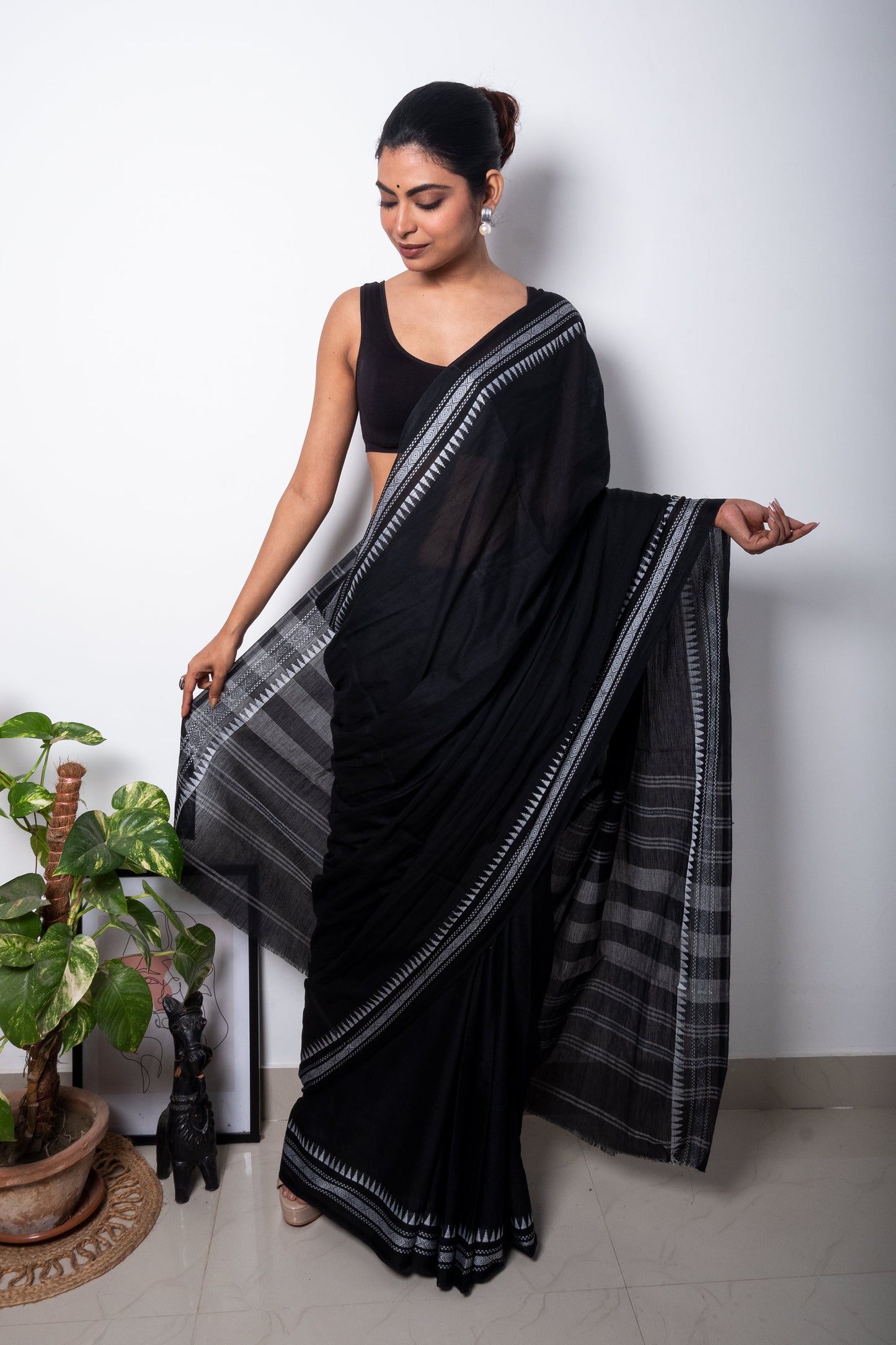 Black Cotton Dhaniakhali Saree with White Thin Borders