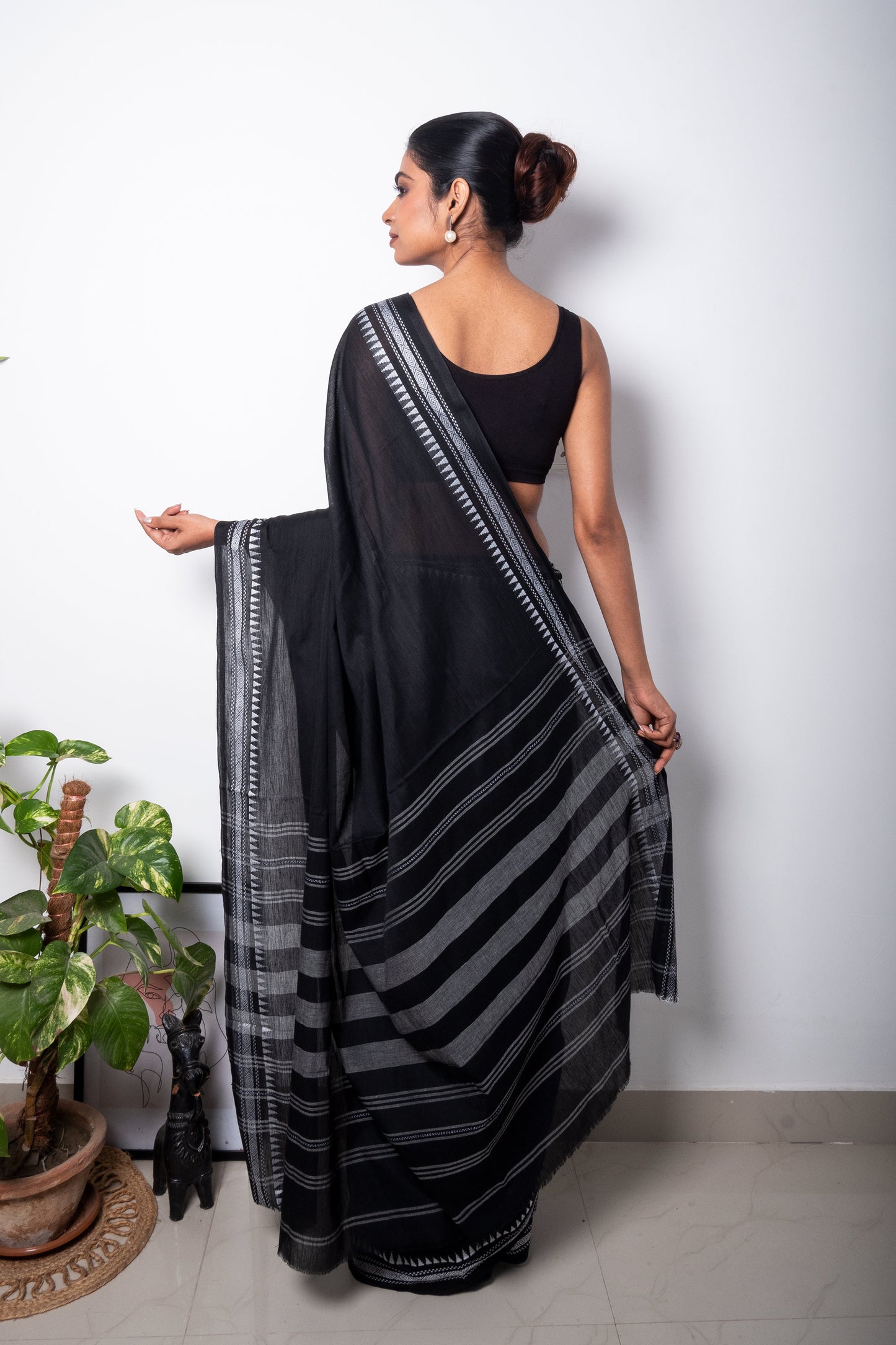 Black Cotton Dhaniakhali Saree with White Thin Borders
