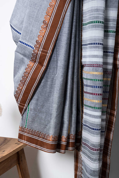 Grey Begumpuri Cotton Handloom Saree with Woven Borders