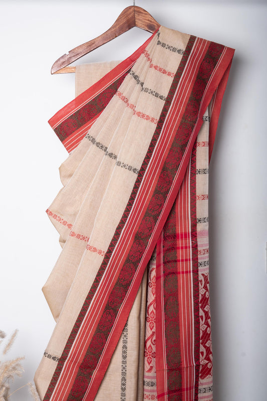 Beige Begumpuri Cotton Handloom Saree with Woven Borders