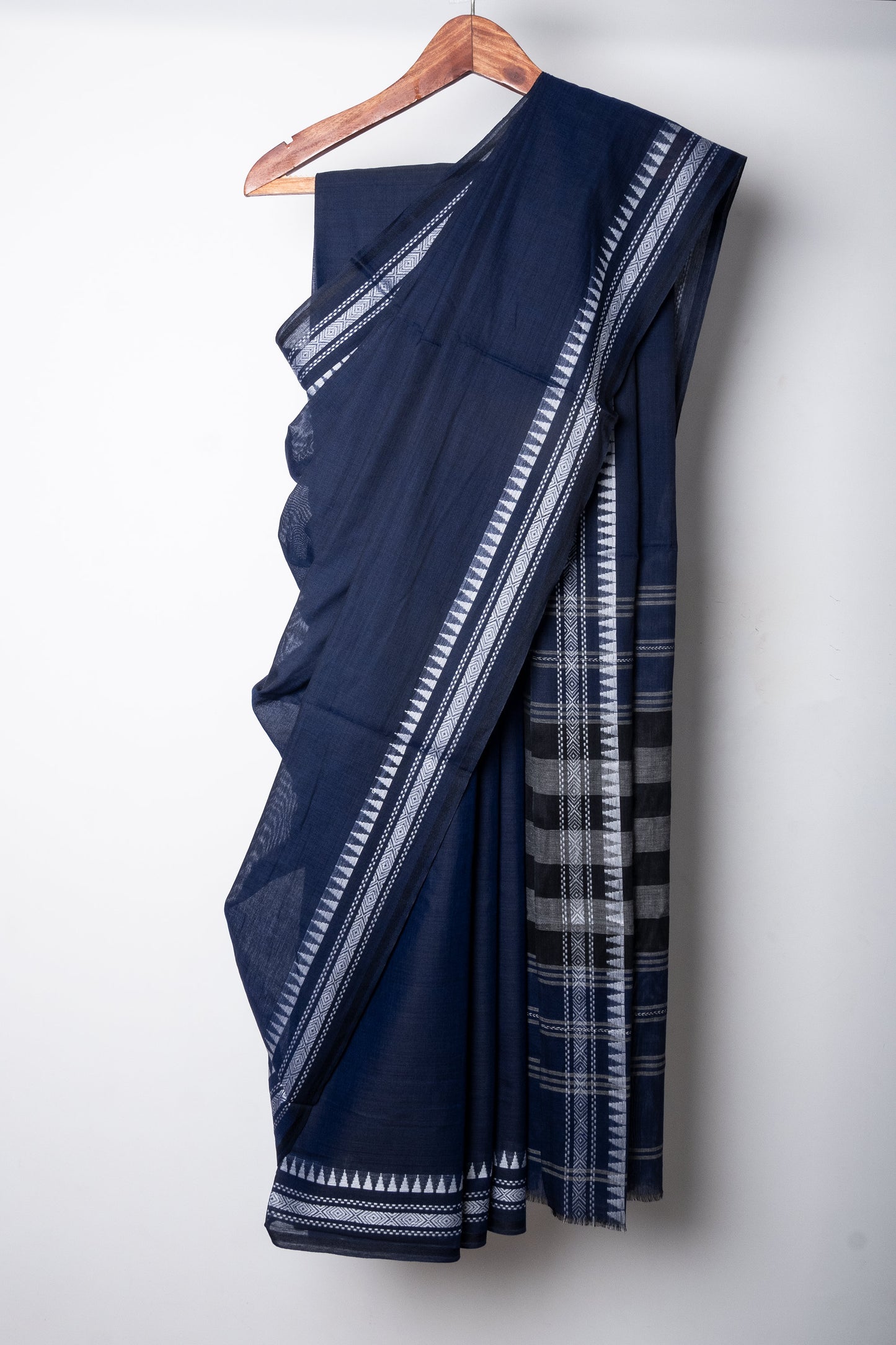 Navy Blue Cotton Dhaniakhali Saree with White Thin Borders
