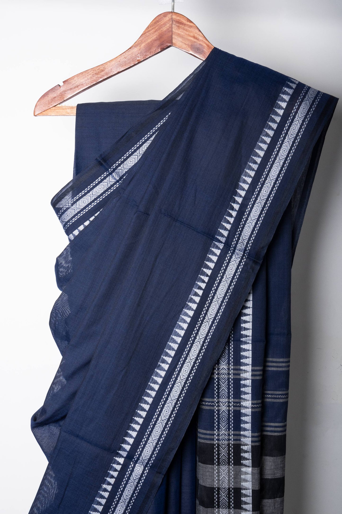Navy Blue Cotton Dhaniakhali Saree with White Thin Borders