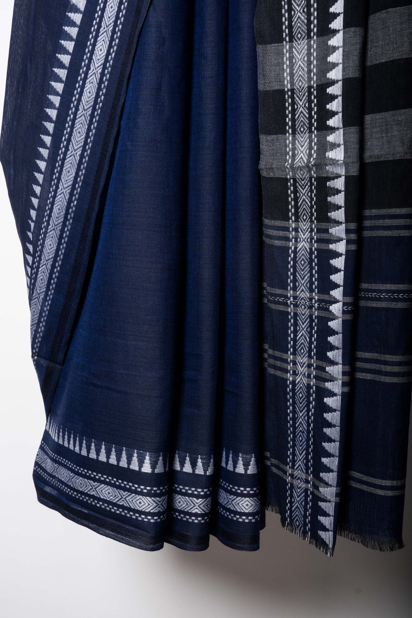 Navy Blue Cotton Dhaniakhali Saree with White Thin Borders