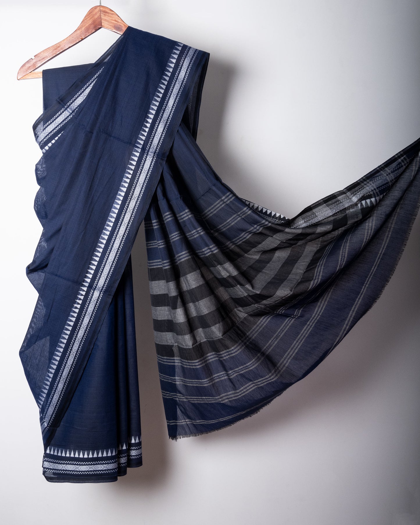 Navy Blue Cotton Dhaniakhali Saree with White Thin Borders