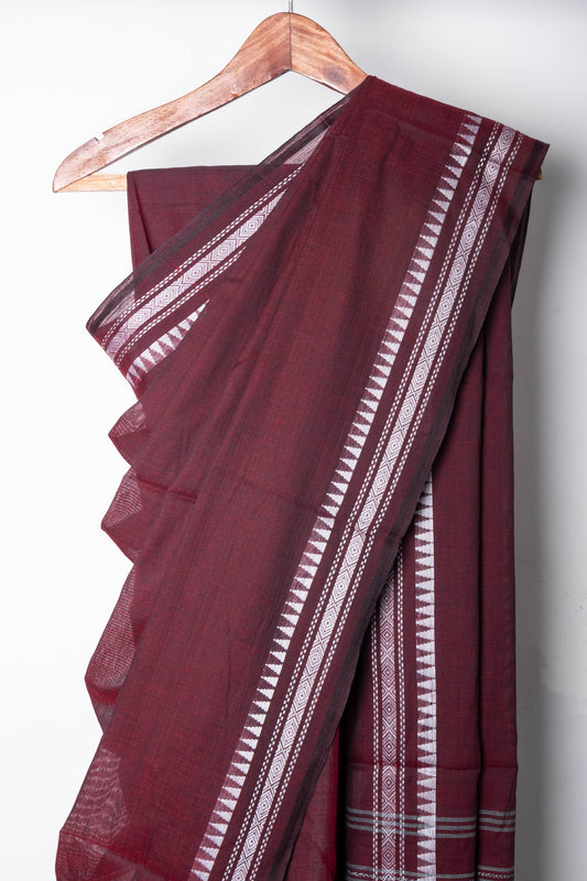 Maroon Cotton Dhaniakhali Saree with White Thin Borders