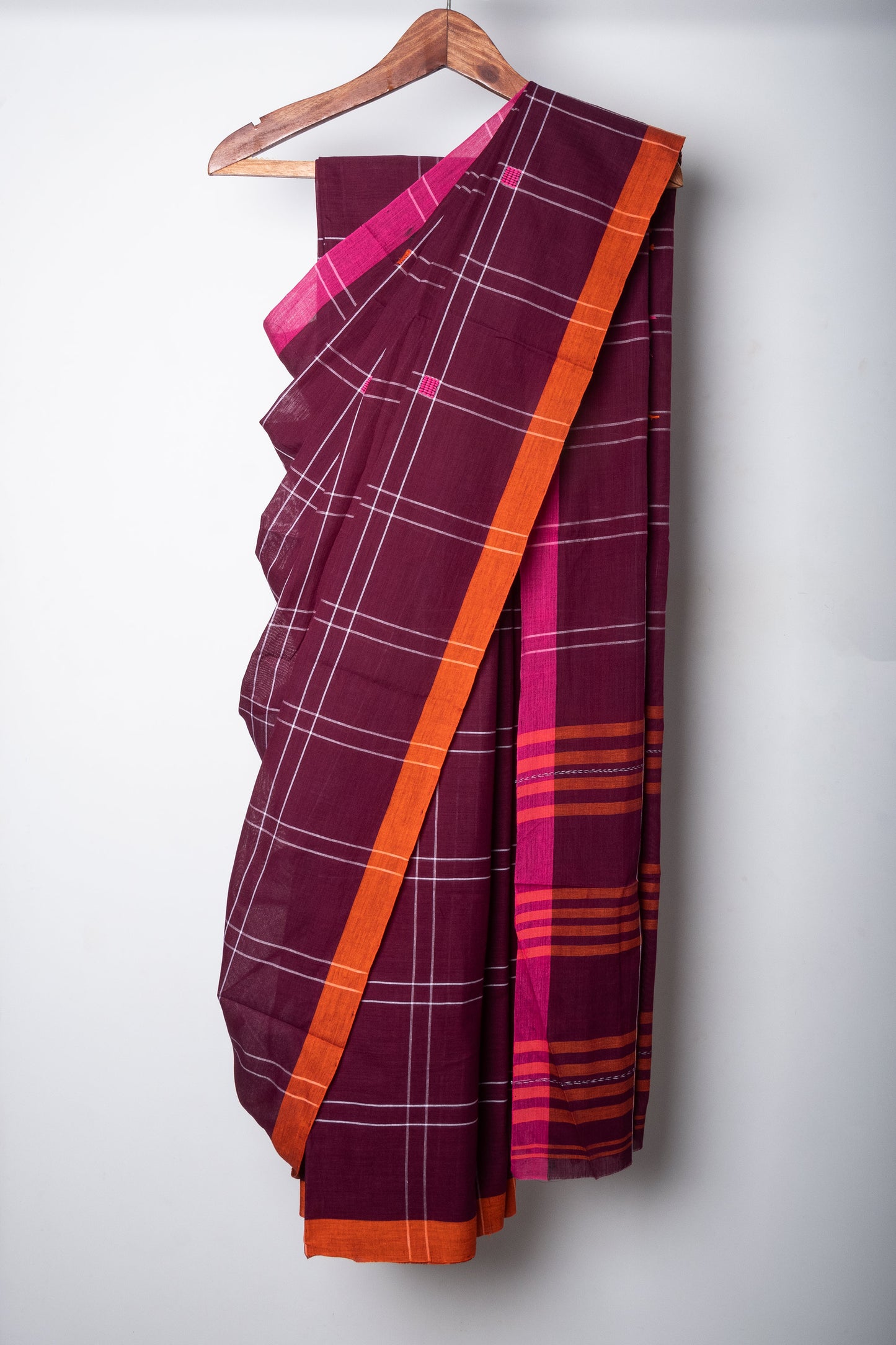 Eggplant Purple Dhaniakhali Check Saree with Ganga Jamuna Borders and needle woven motifs