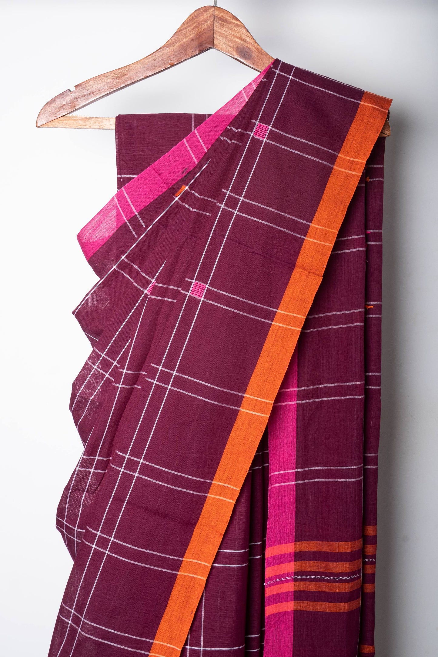 Eggplant Purple Dhaniakhali Check Saree with Ganga Jamuna Borders and needle woven motifs