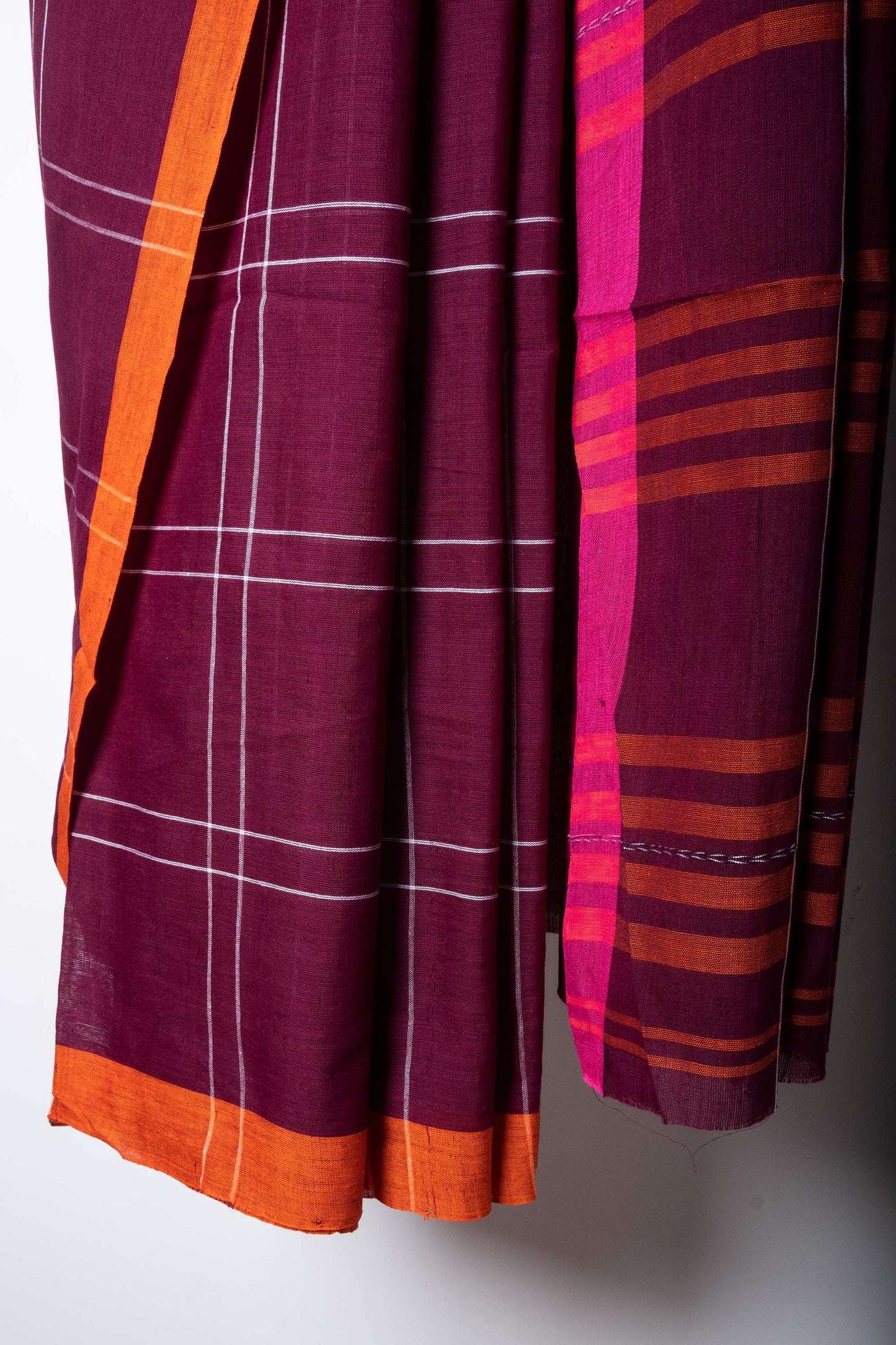 Eggplant Purple Dhaniakhali Check Saree with Ganga Jamuna Borders and needle woven motifs