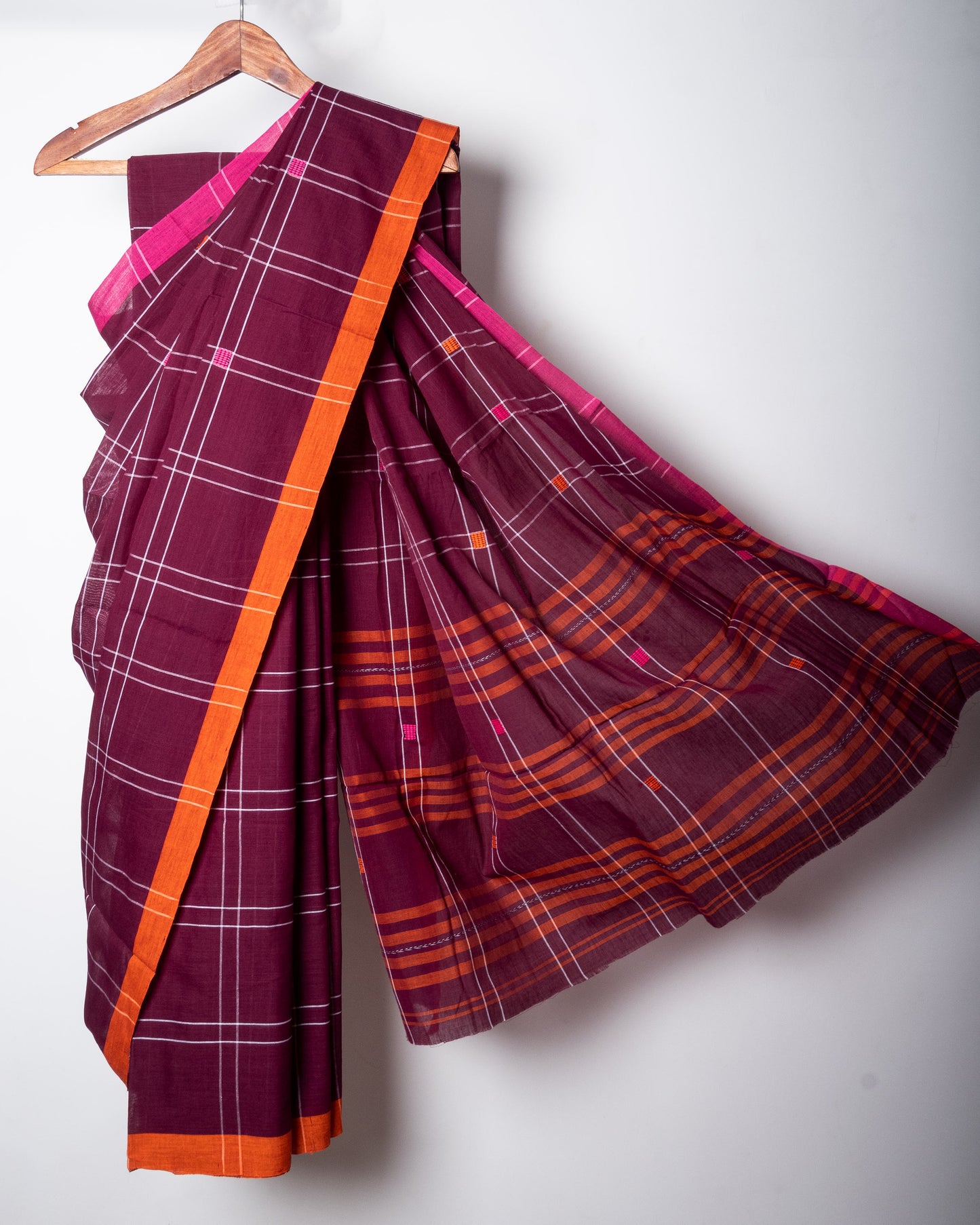 Eggplant Purple Dhaniakhali Check Saree with Ganga Jamuna Borders and needle woven motifs