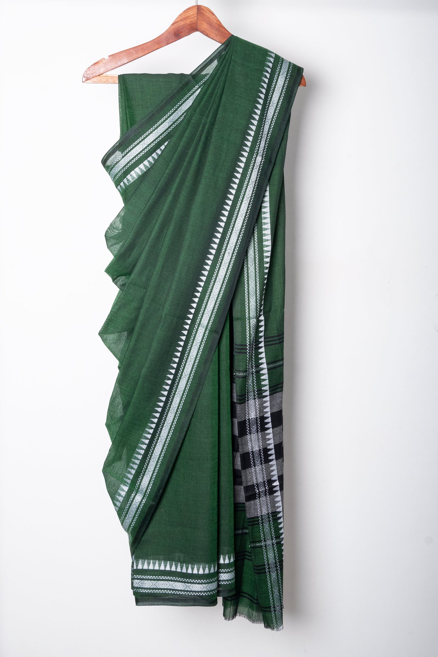 Green Cotton Dhaniakhali Saree with Thin Woven Borders