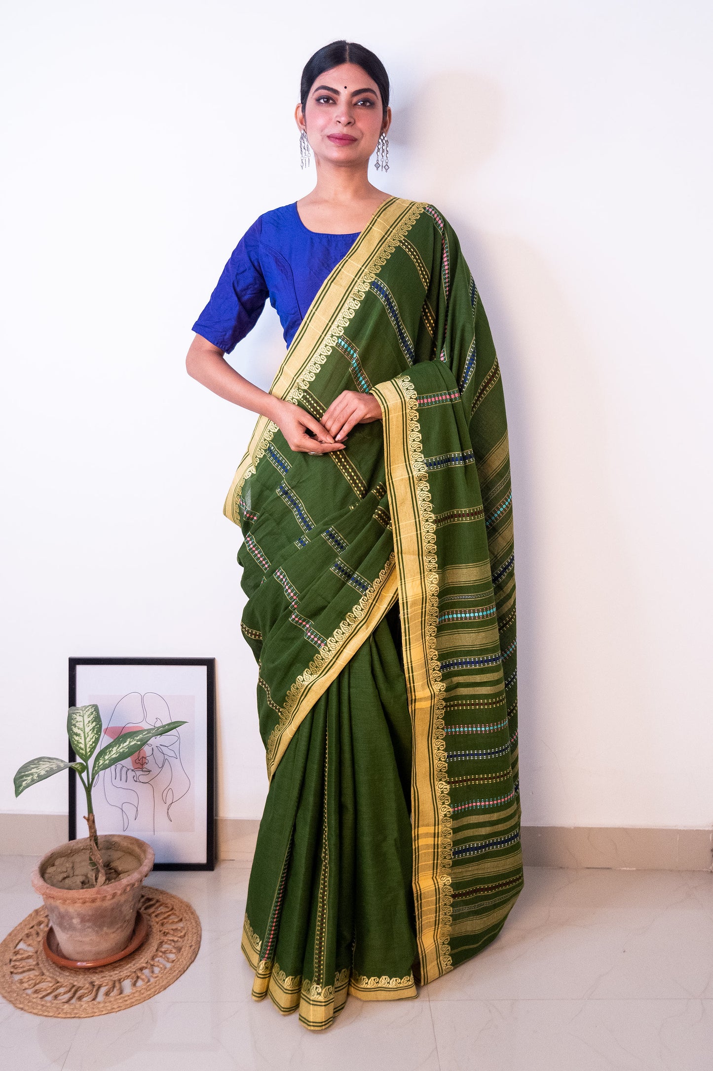 Green Begumpuri Cotton Handloom Saree with Woven Borders