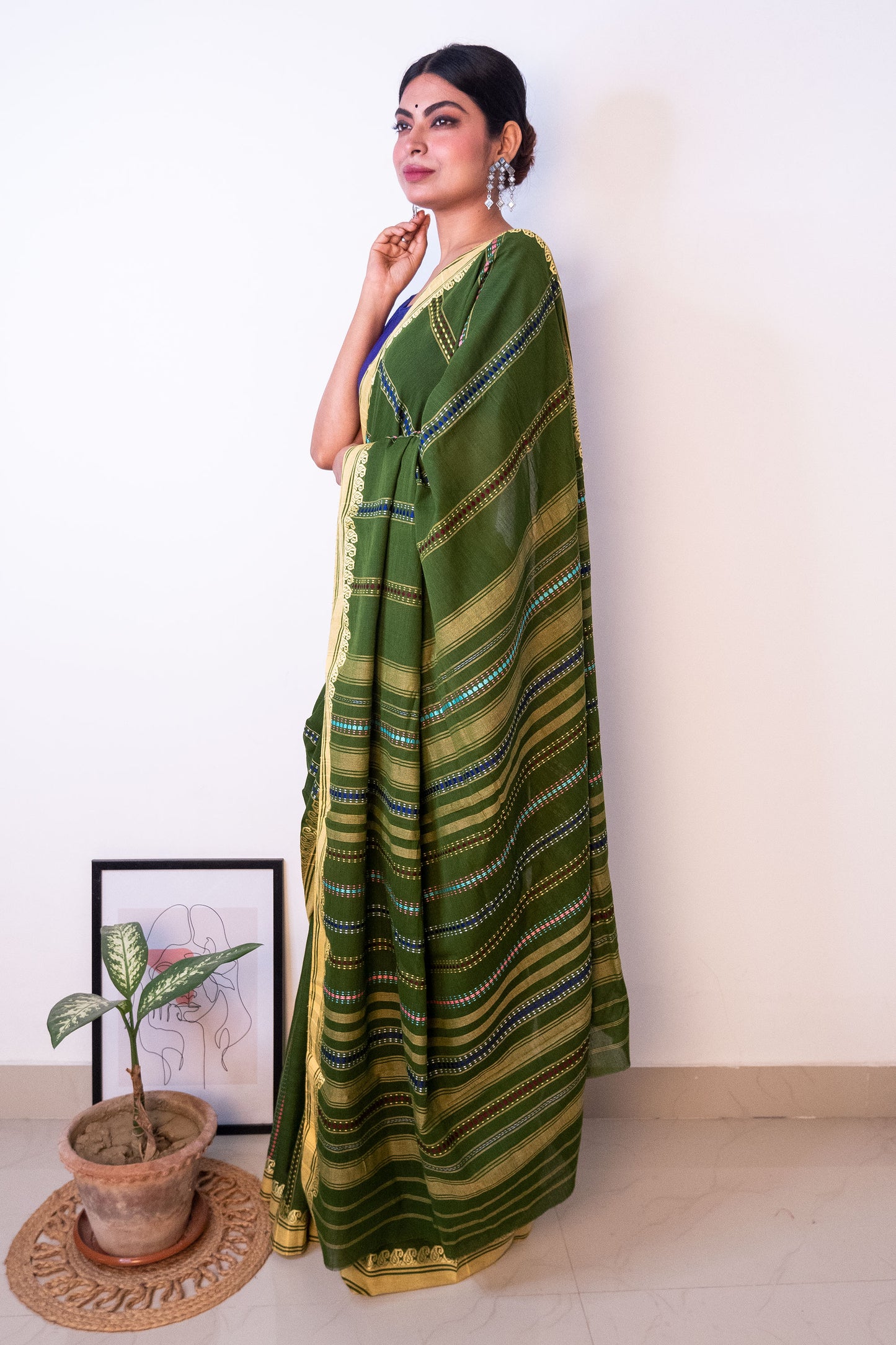 Green Begumpuri Cotton Handloom Saree with Woven Borders