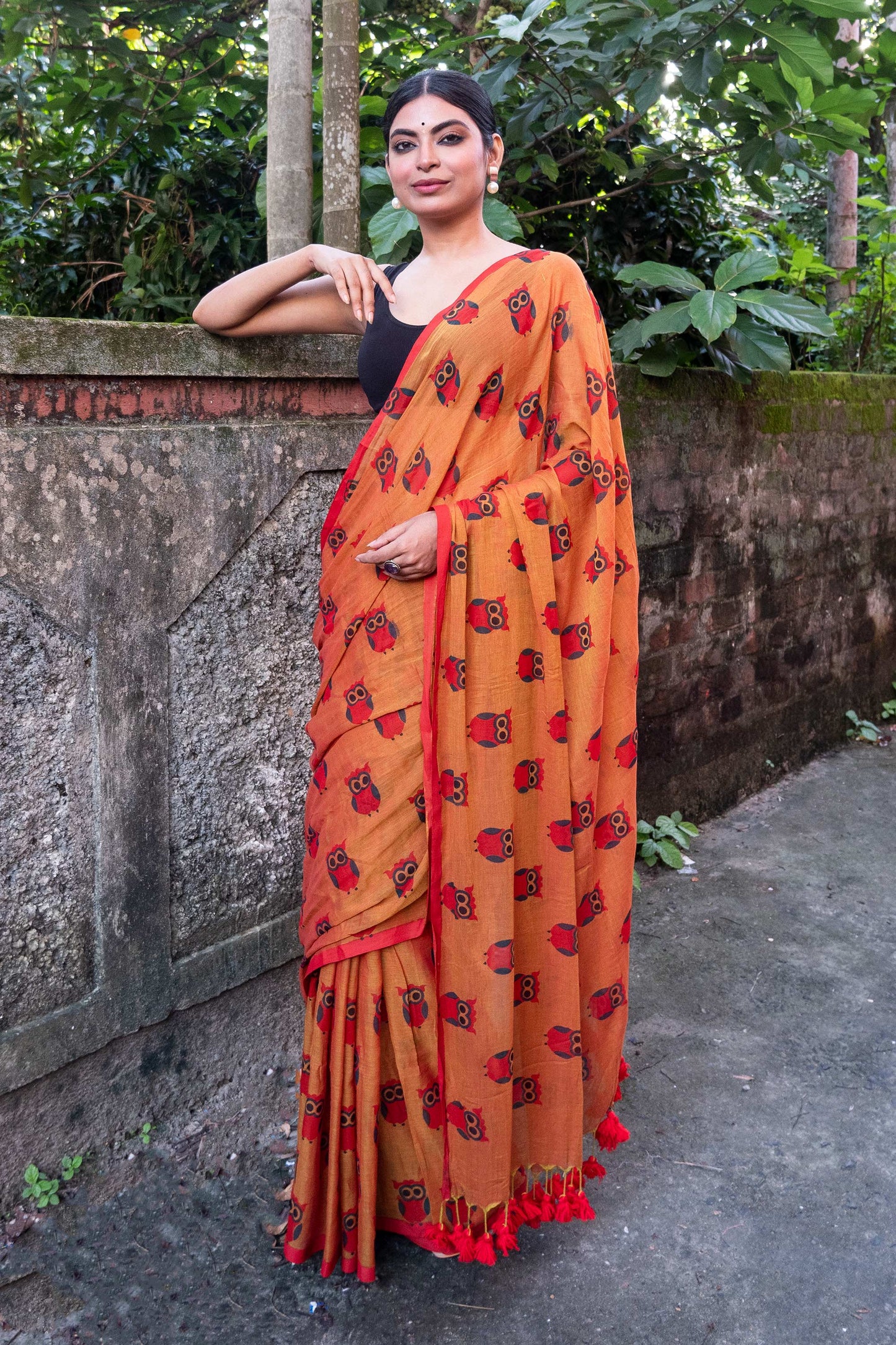 Orange Owl Printed Mul Cotton Saree