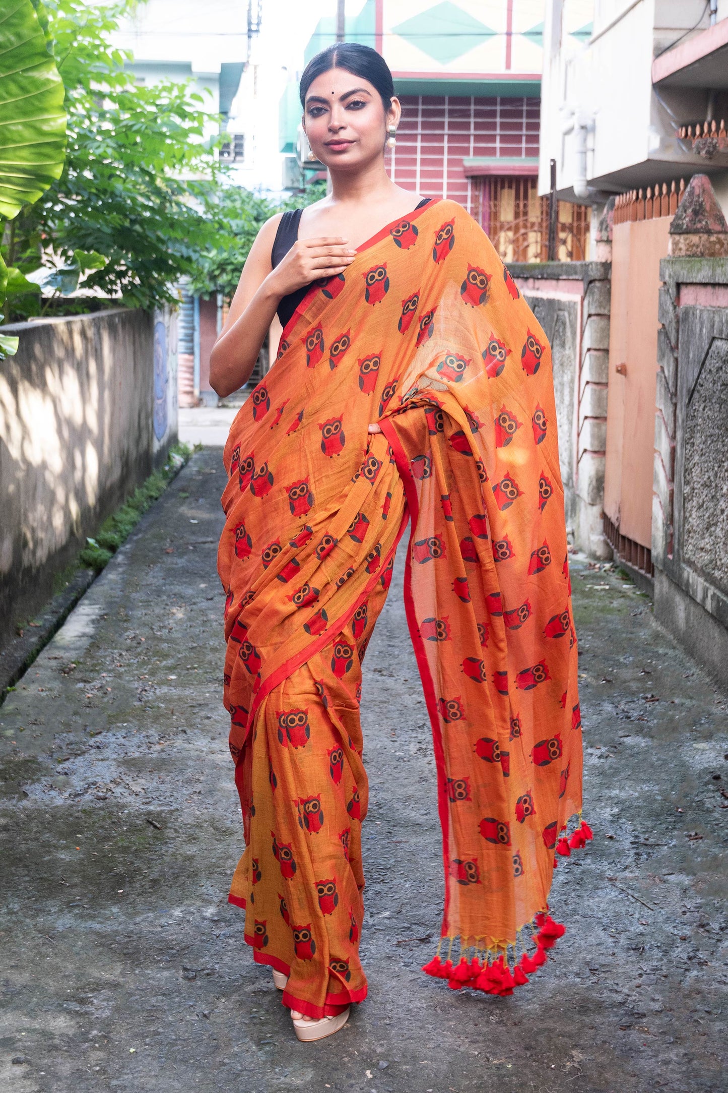 Orange Owl Printed Mul Cotton Saree