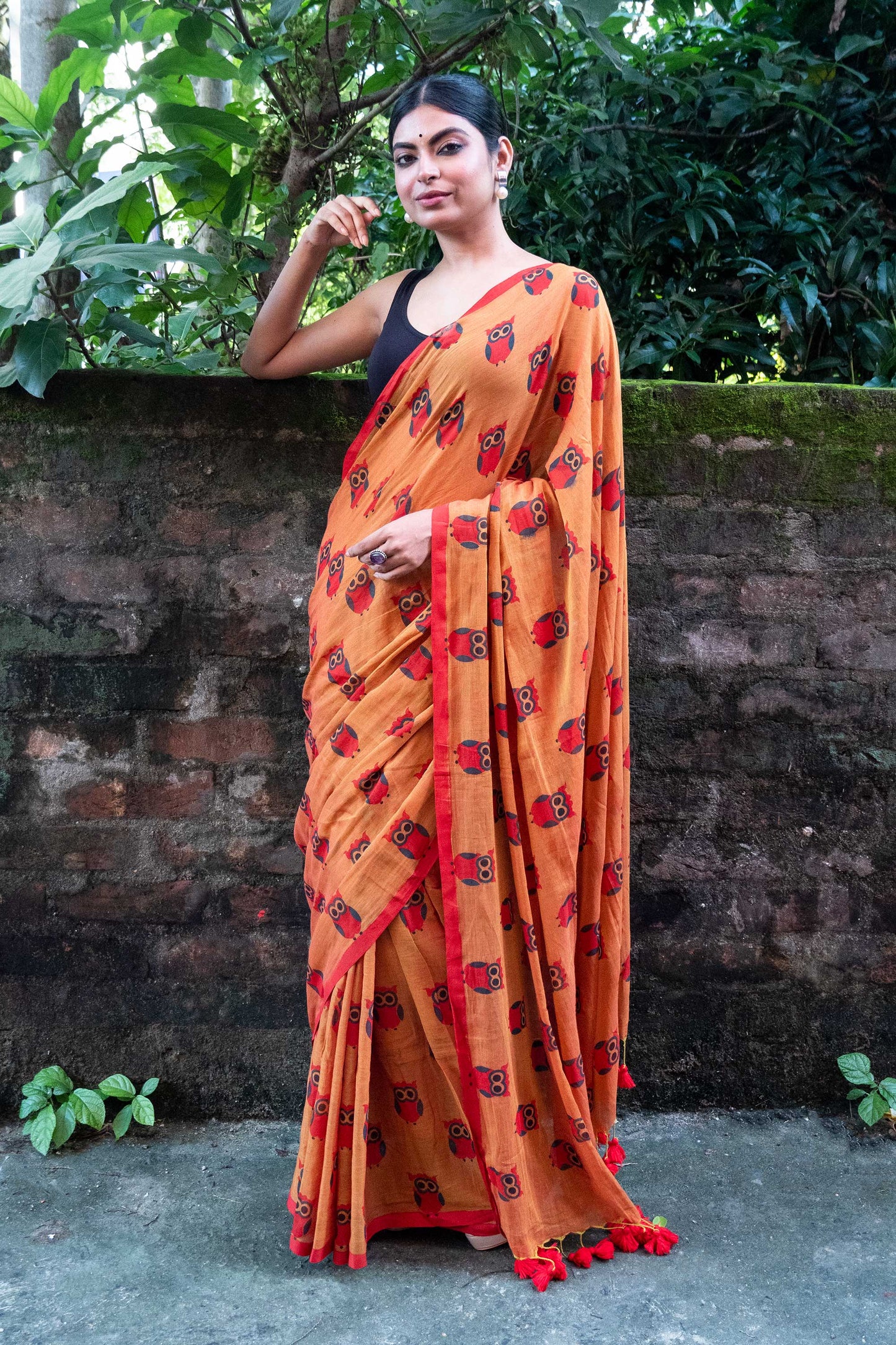 Orange Owl Printed Mul Cotton Saree