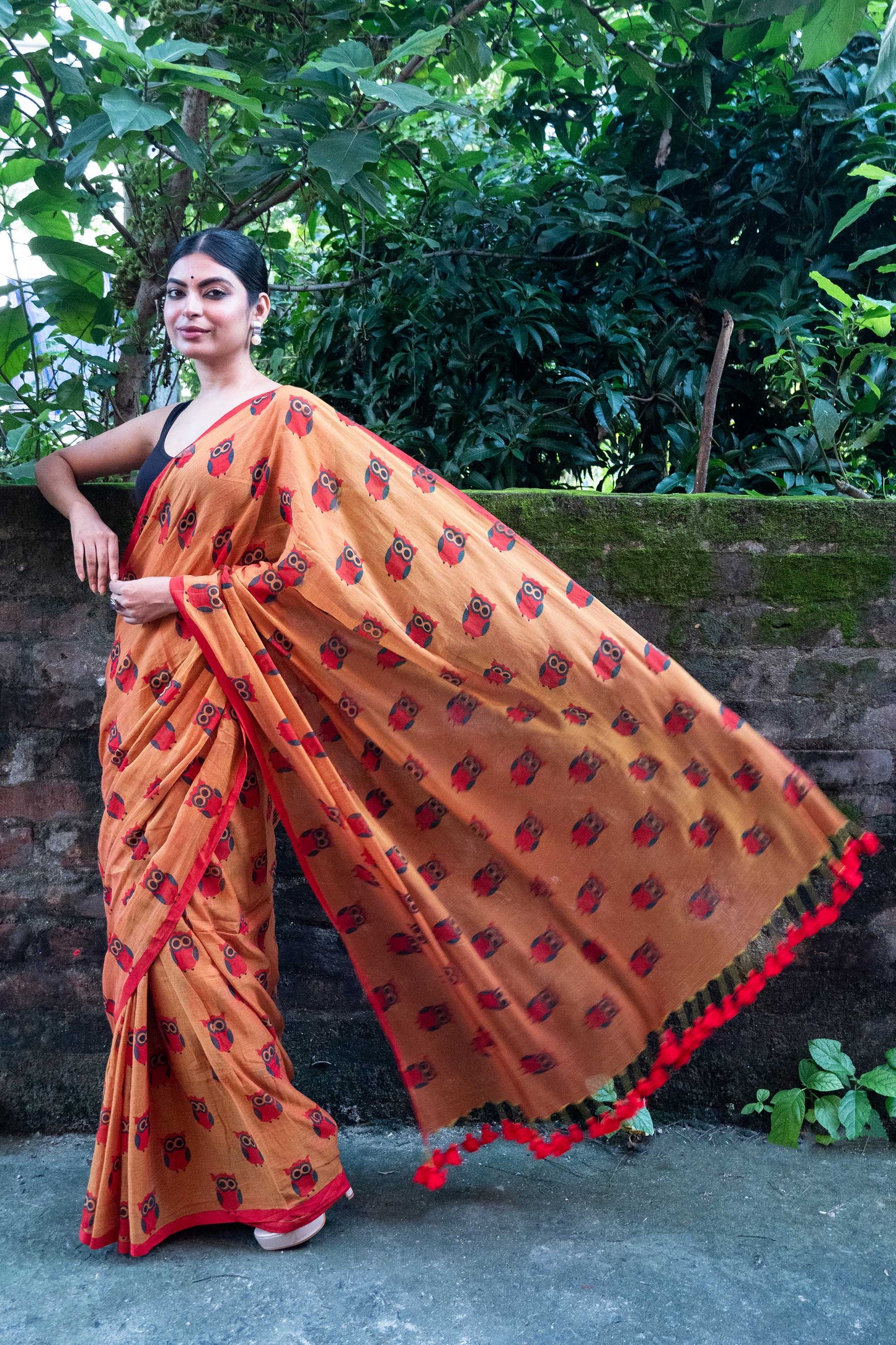Orange Owl Printed Mul Cotton Saree