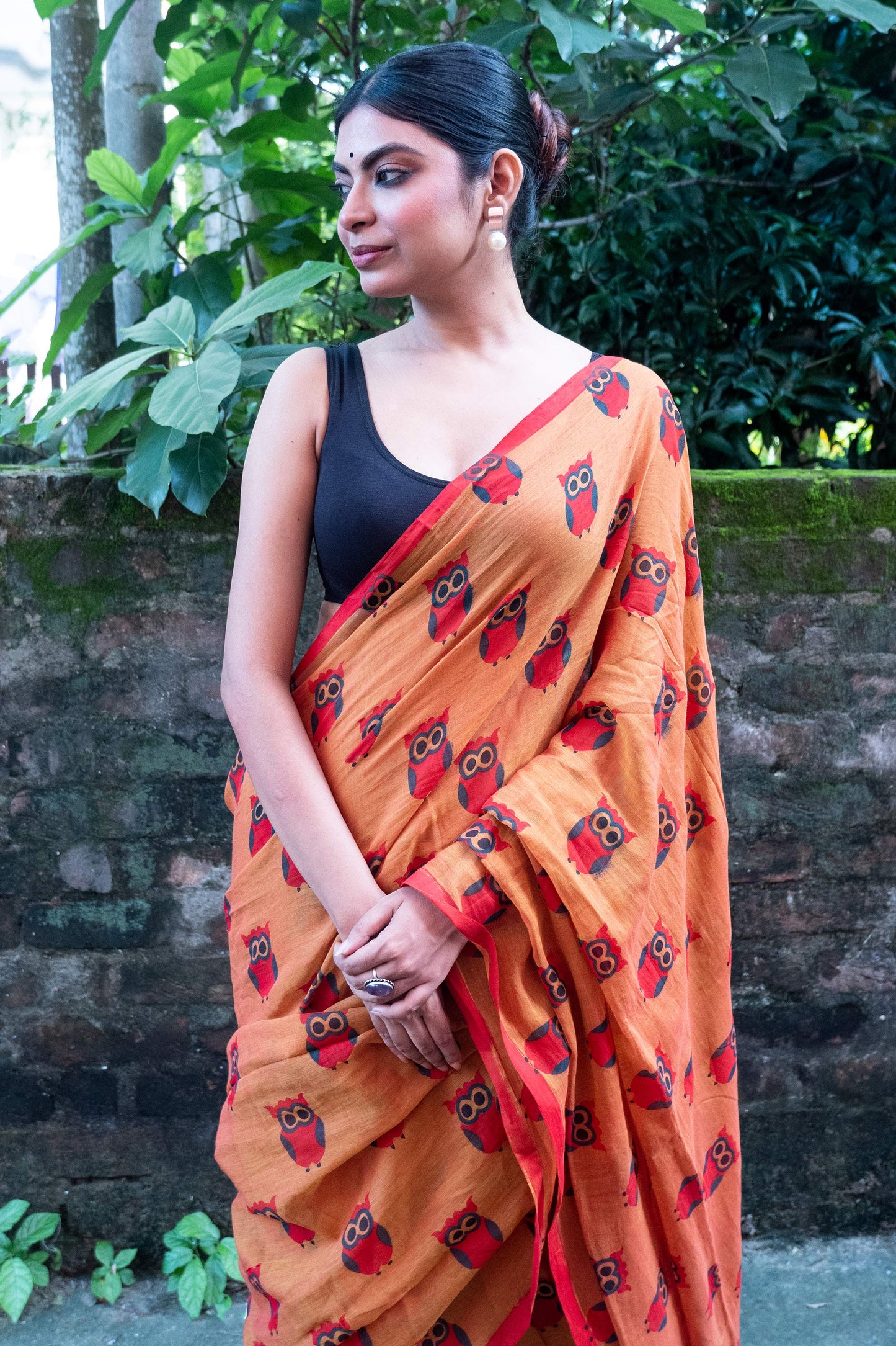 Orange Owl Printed Mul Cotton Saree