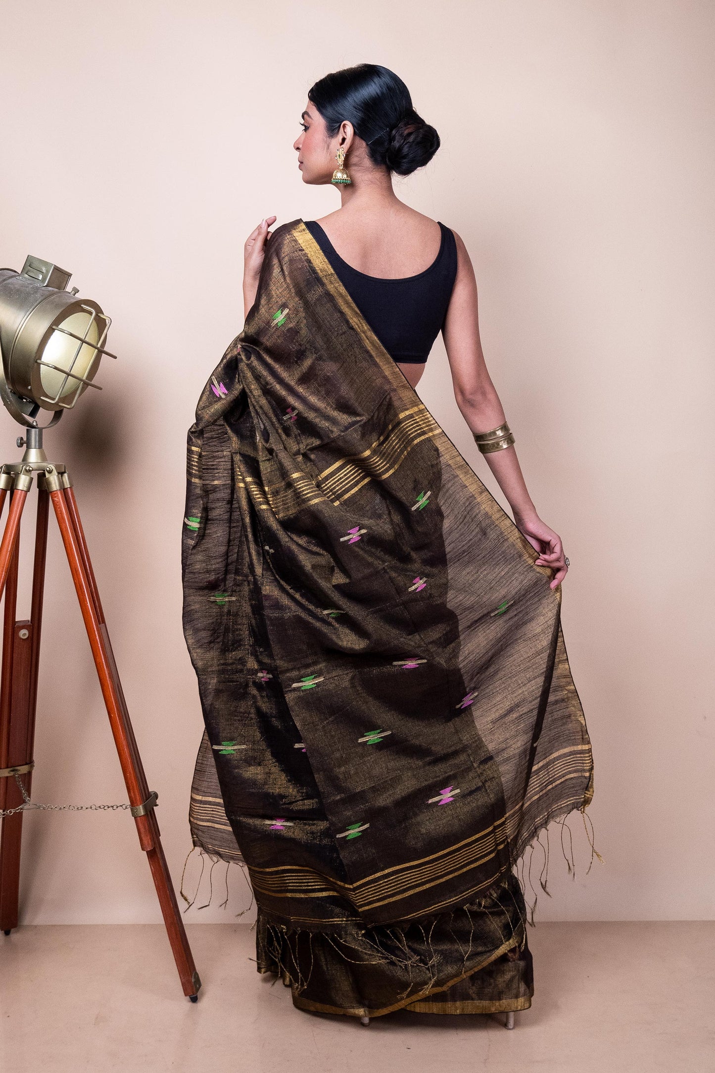 Copper Golden Brown Semi-Tissue Saree with Handwoven Buttis