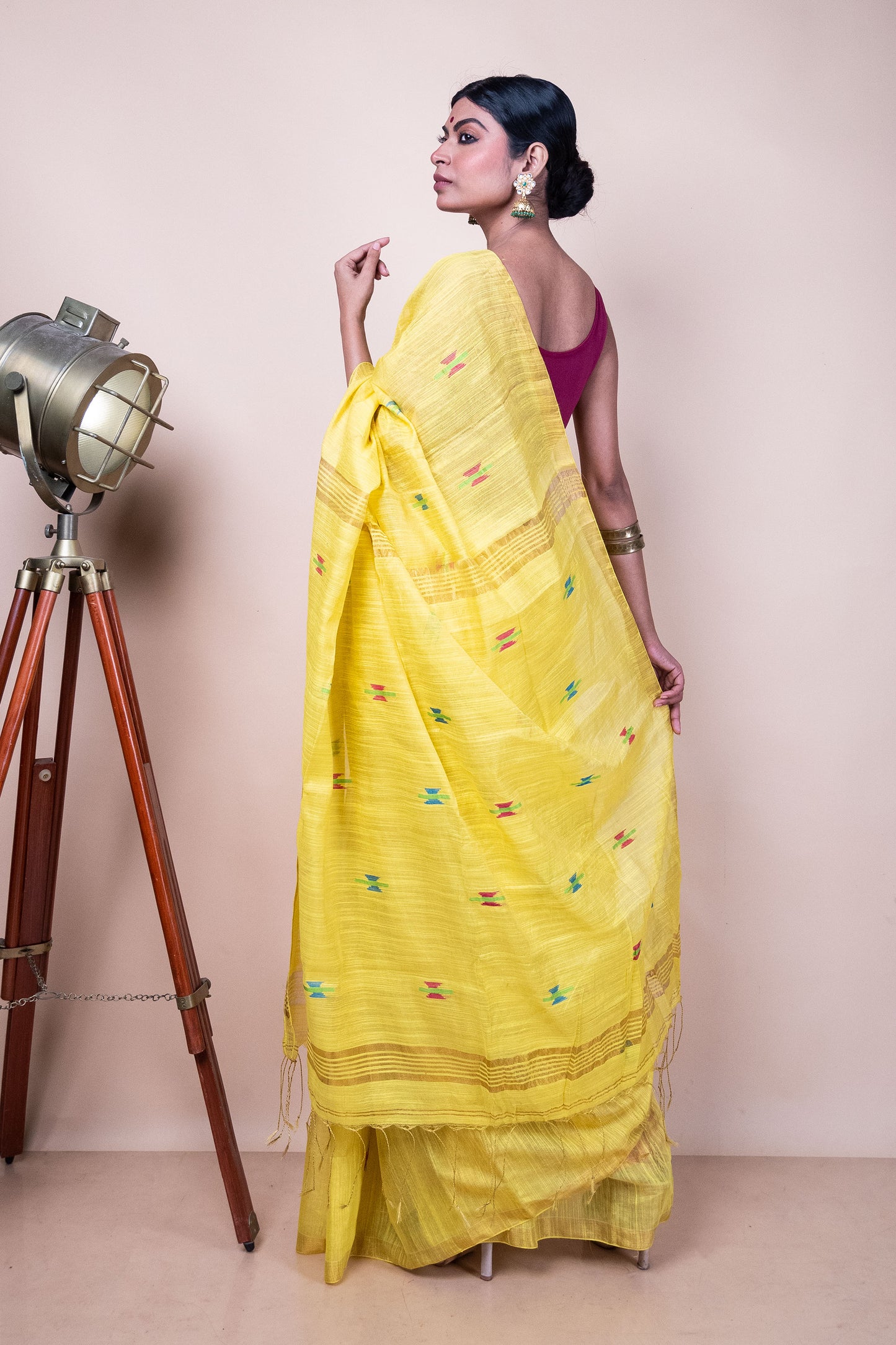 Lemon Yellow Semi-Tissue Saree with Handwoven Buttis