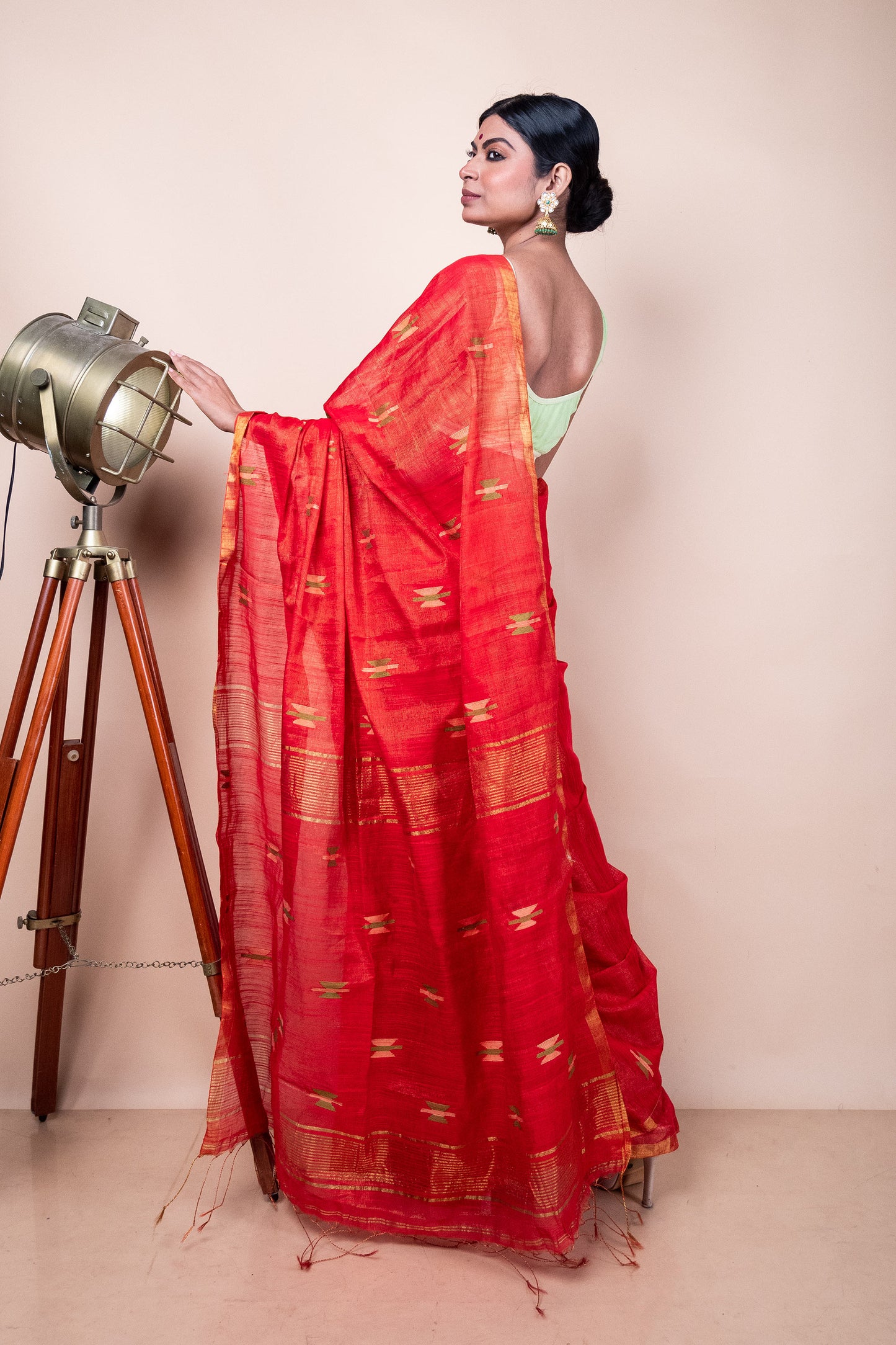 Tomato Red Semi-Tissue Saree with Handwoven Buttis