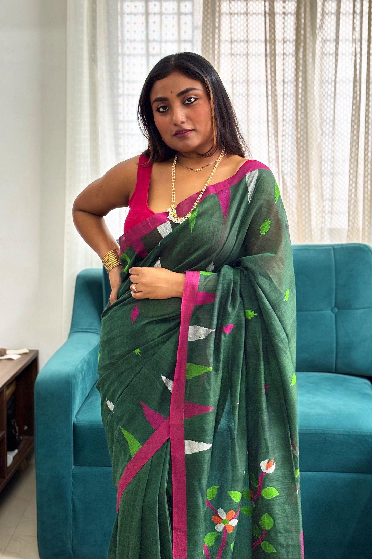 Bottle Green Cotton Purely Handloom Needle Woven Jamdani Saree with temple border