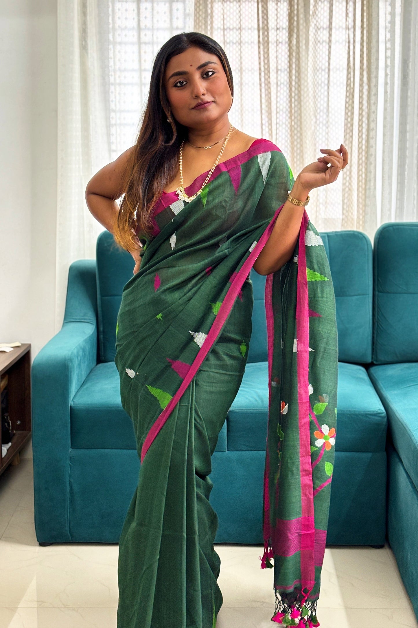 Bottle Green Cotton Purely Handloom Needle Woven Jamdani Saree with temple border
