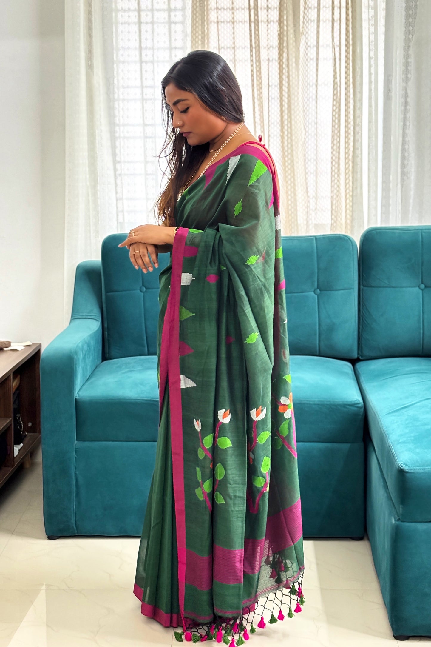 Bottle Green Cotton Purely Handloom Needle Woven Jamdani Saree with temple border
