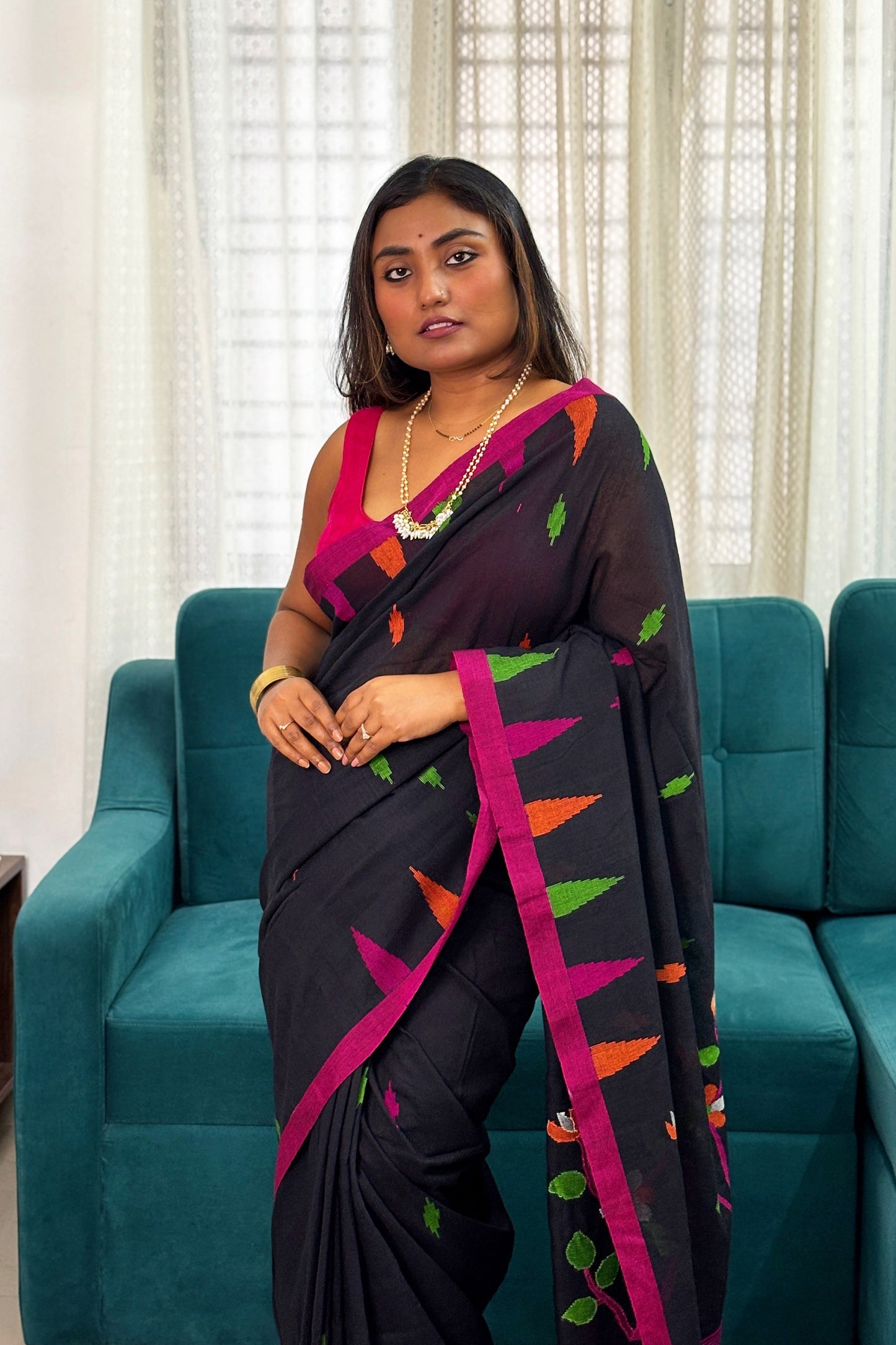 Black Cotton Purely Handloom Needle Woven Jamdani Saree with temple border