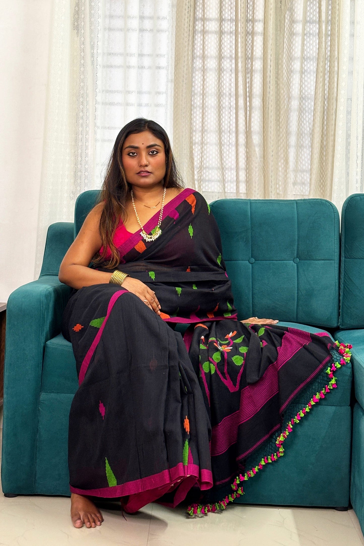 Black Cotton Purely Handloom Needle Woven Jamdani Saree with temple border