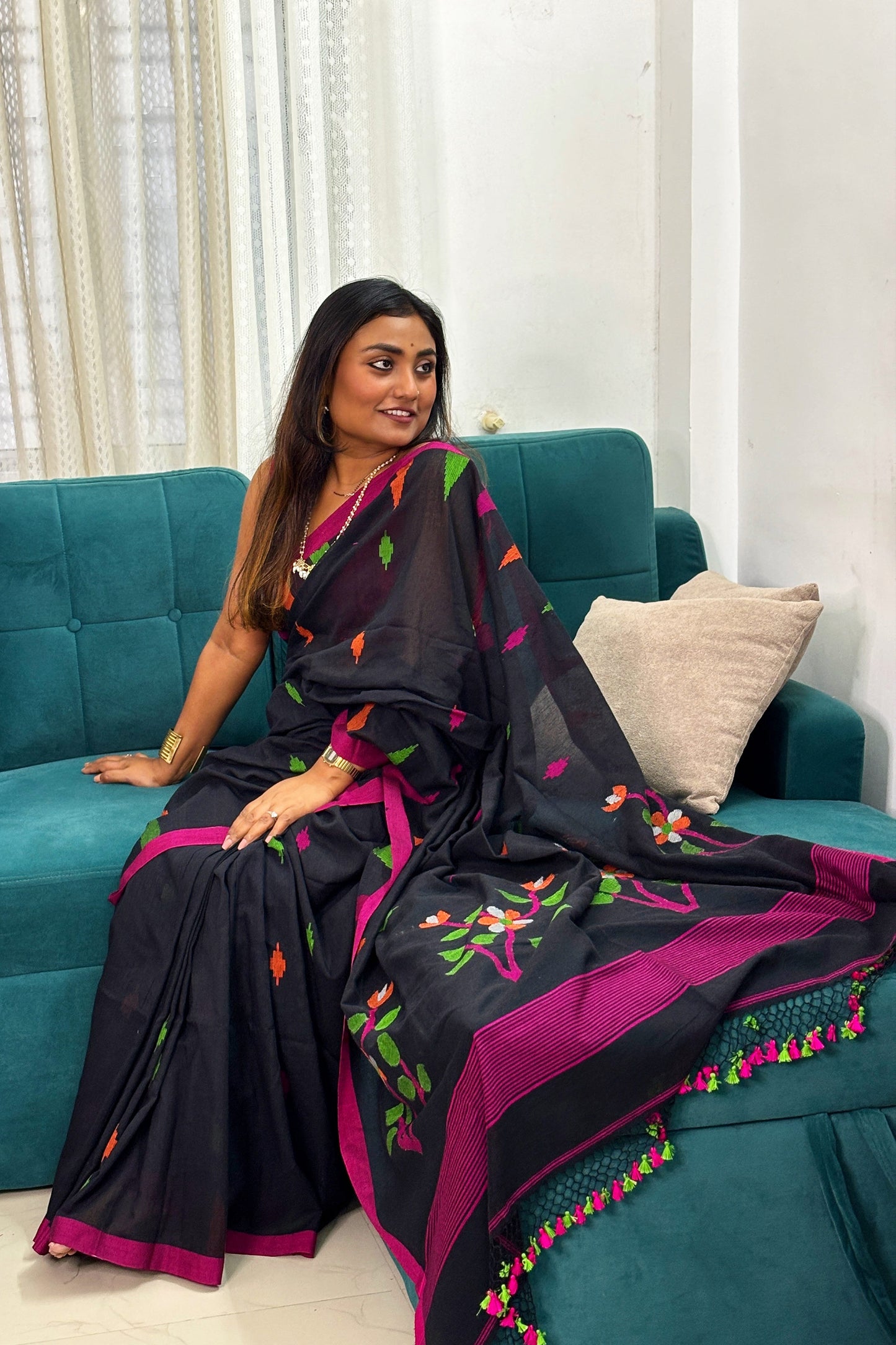Black Cotton Purely Handloom Needle Woven Jamdani Saree with temple border